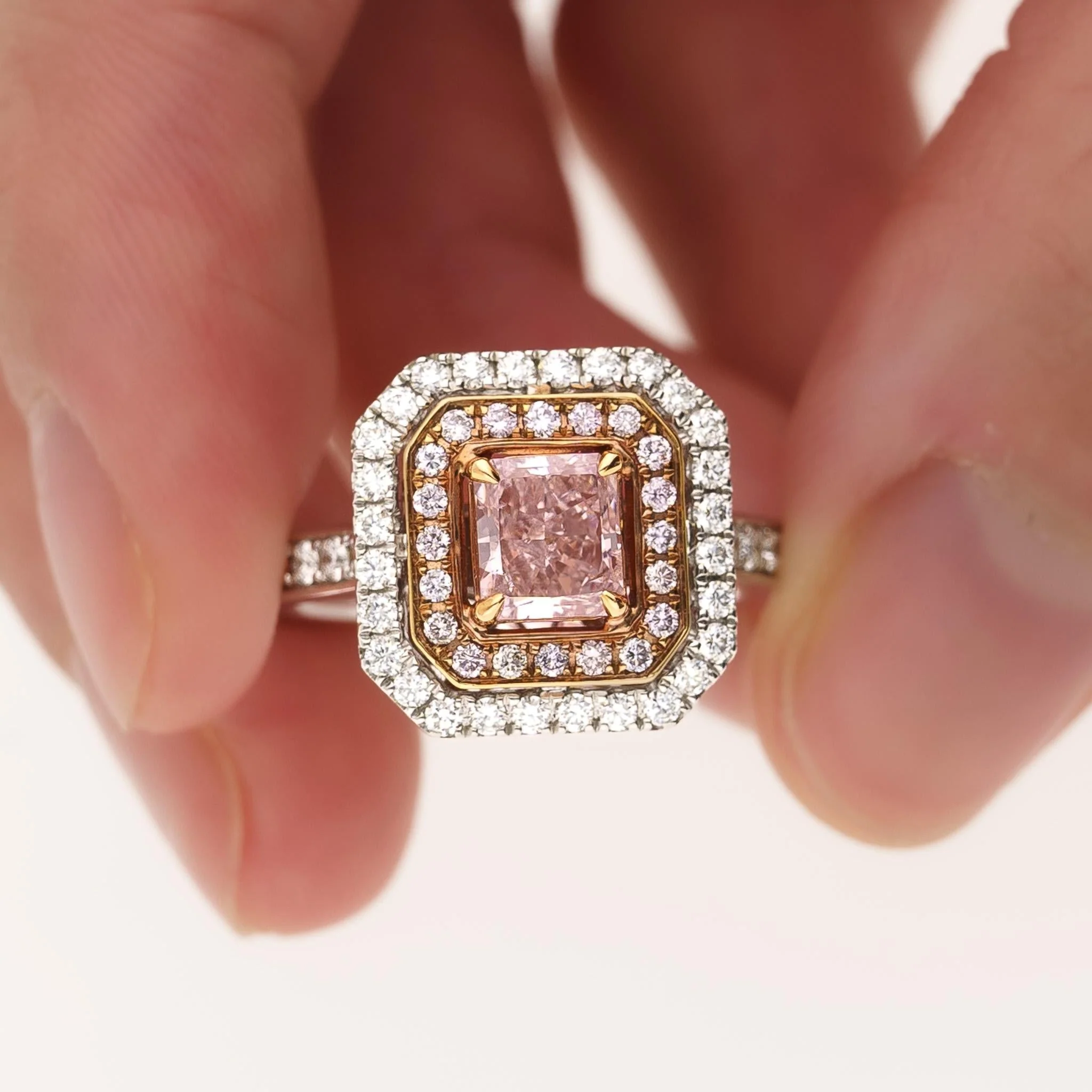 GIA Certified Orangy Pink Diamond Double Halo 18K Gold Ring - Image 2
