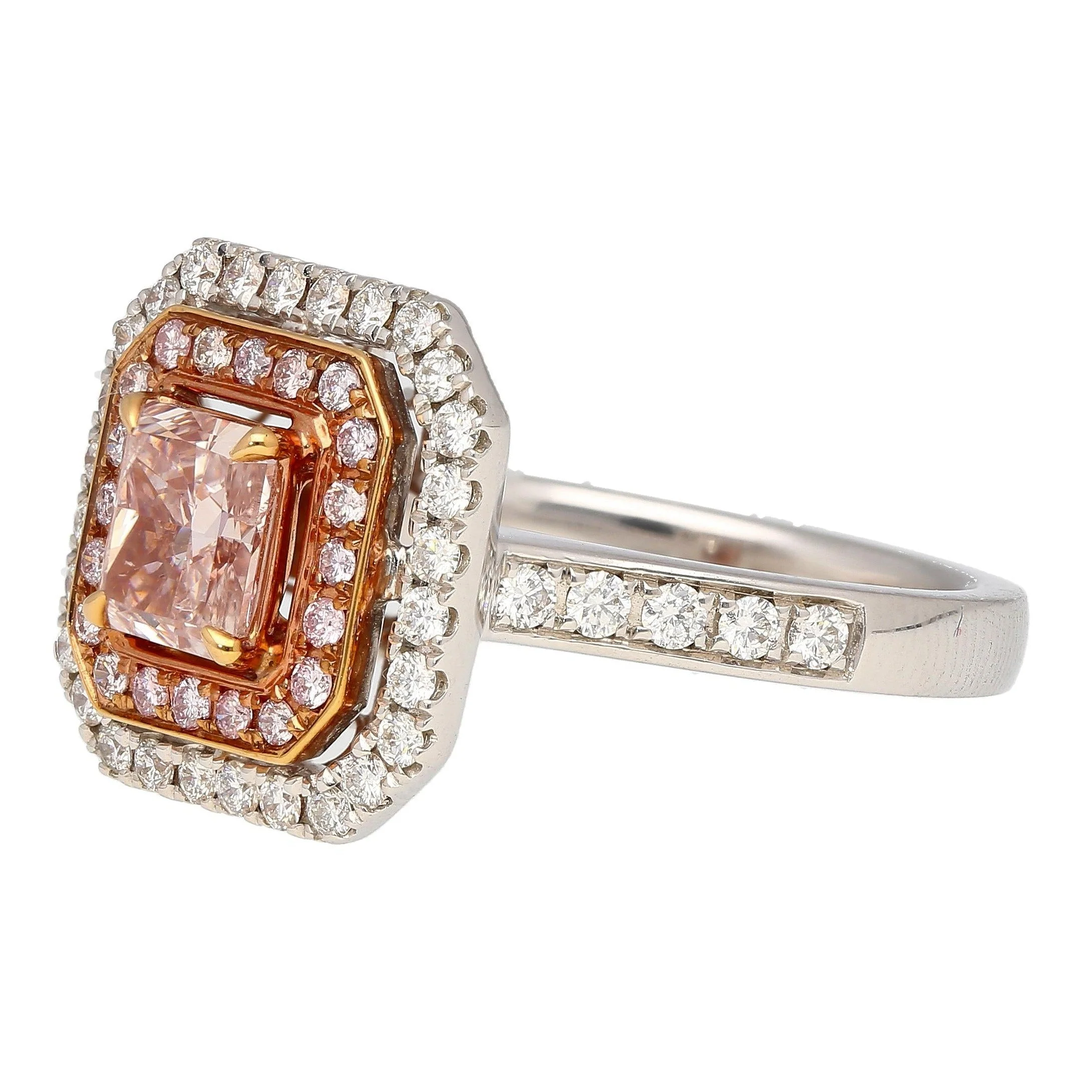 GIA Certified Orangy Pink Diamond Double Halo 18K Gold Ring - Image 5