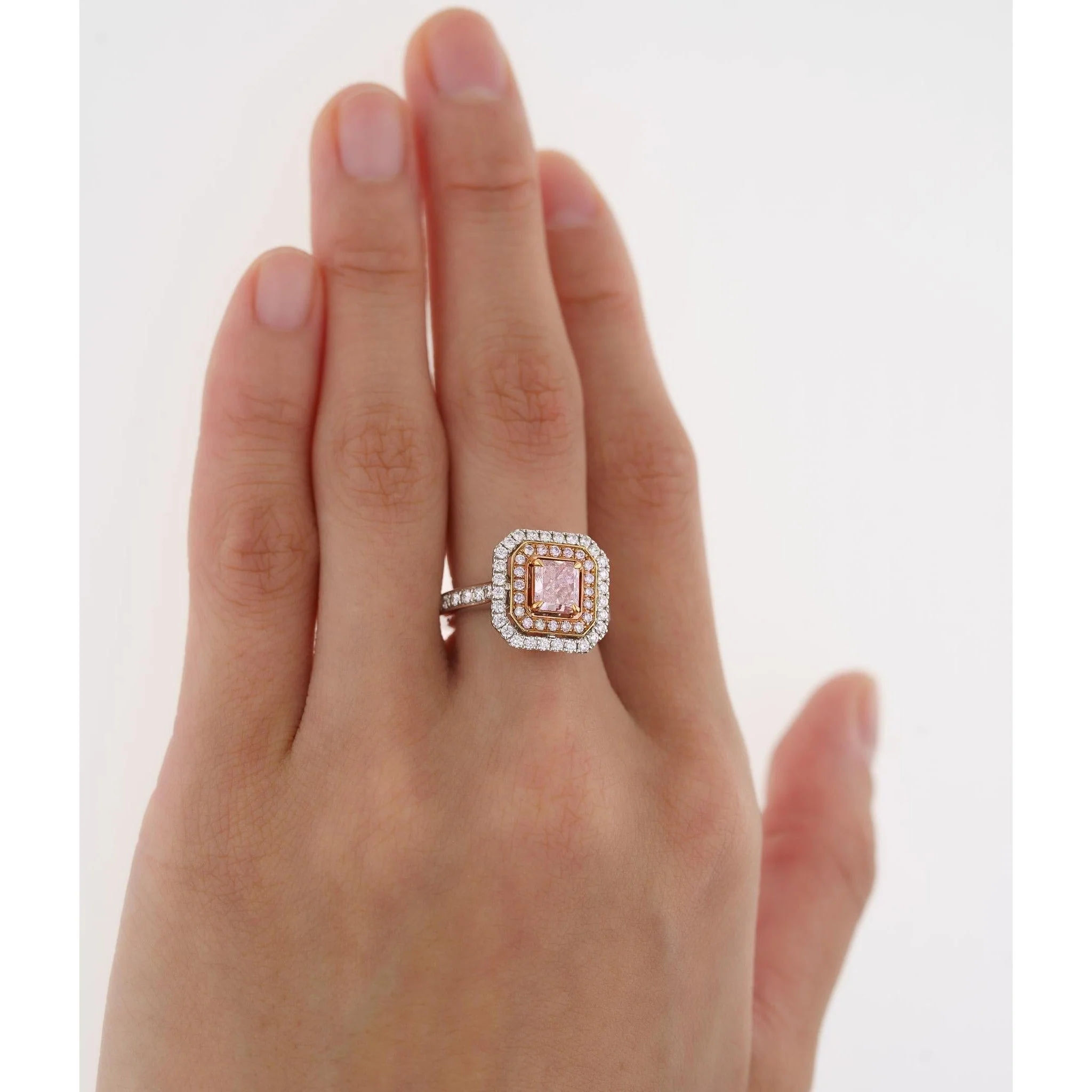 GIA Certified Orangy Pink Diamond Double Halo 18K Gold Ring - Image 7