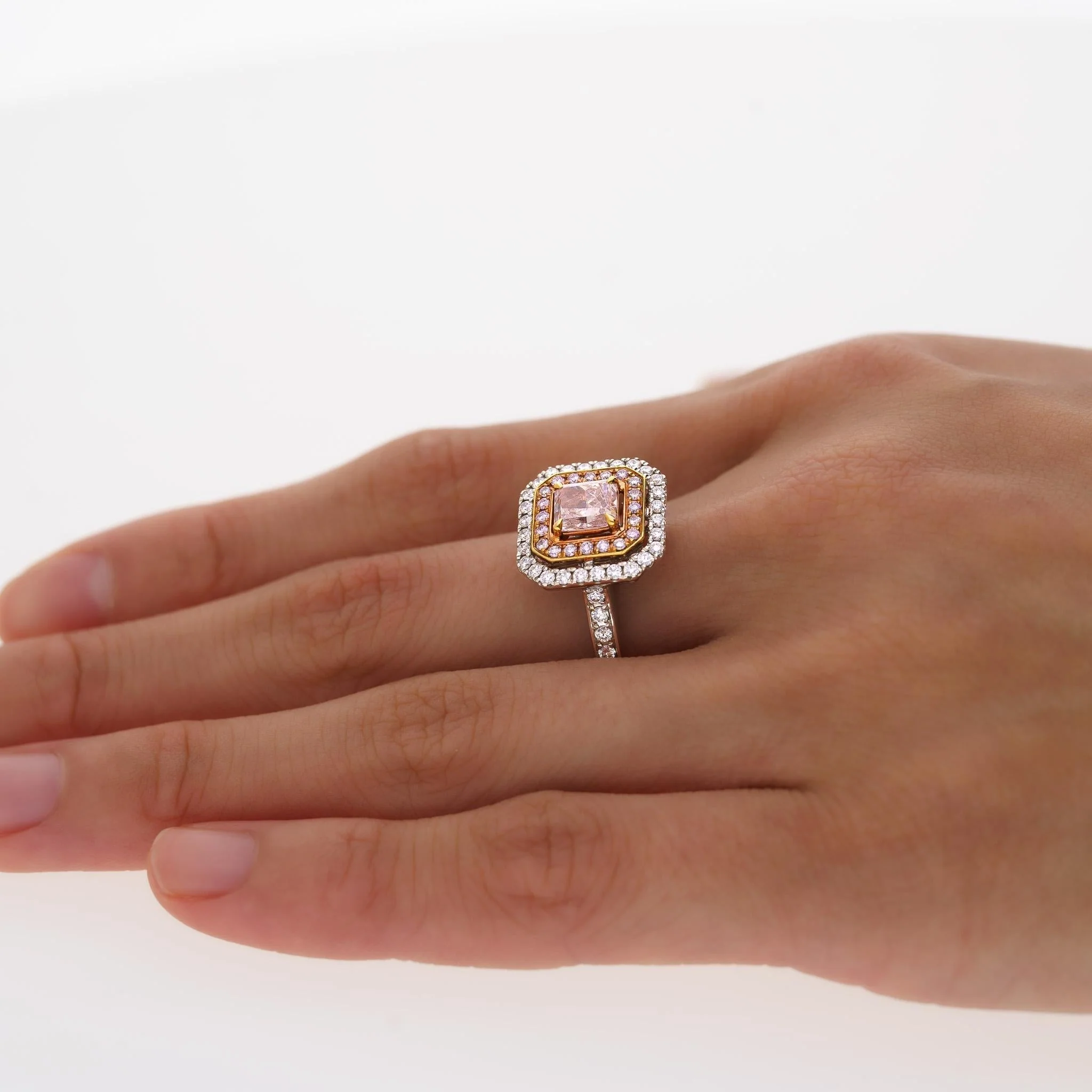 GIA Certified Orangy Pink Diamond Double Halo 18K Gold Ring - Image 8