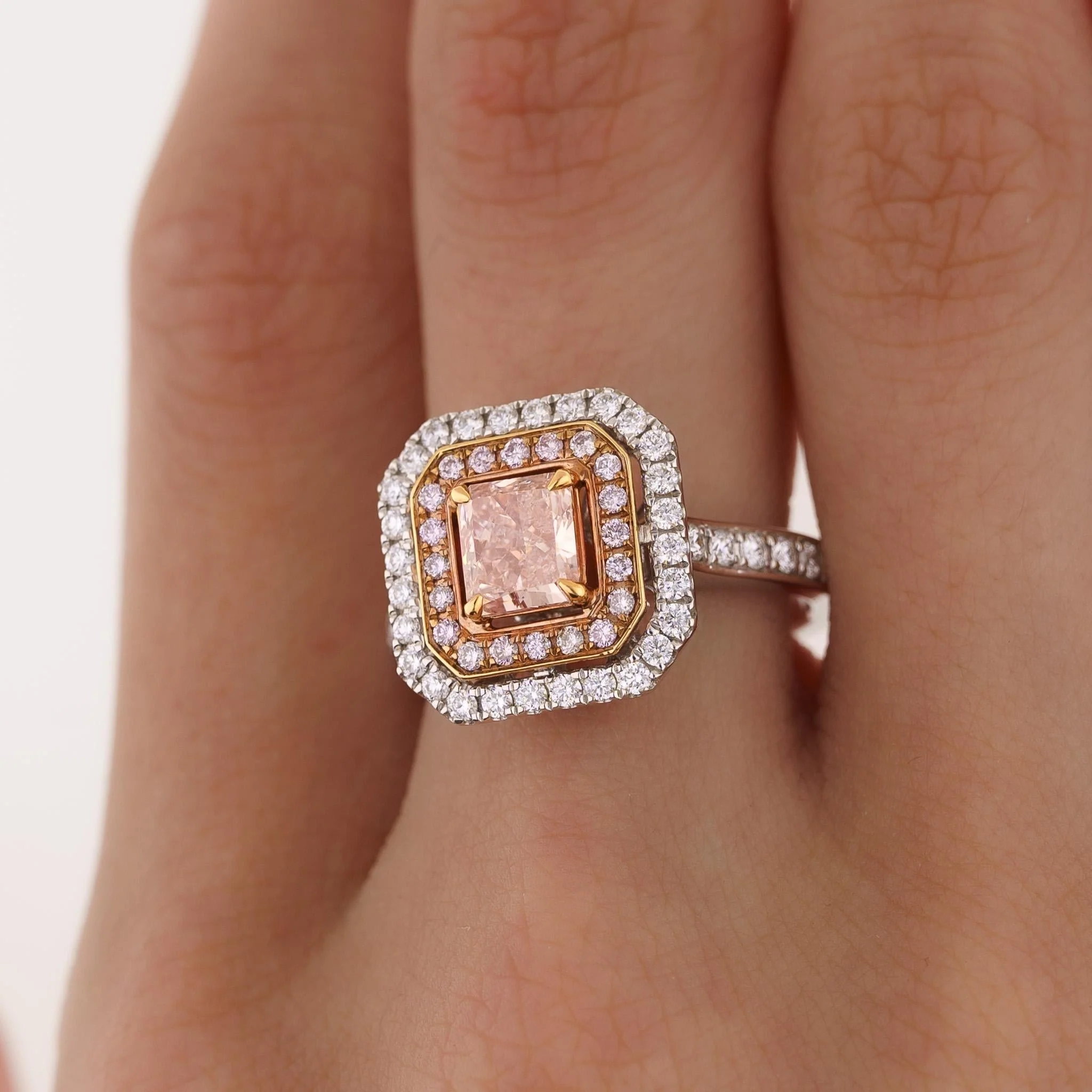 GIA Certified Orangy Pink Diamond Double Halo 18K Gold Ring - Image 9
