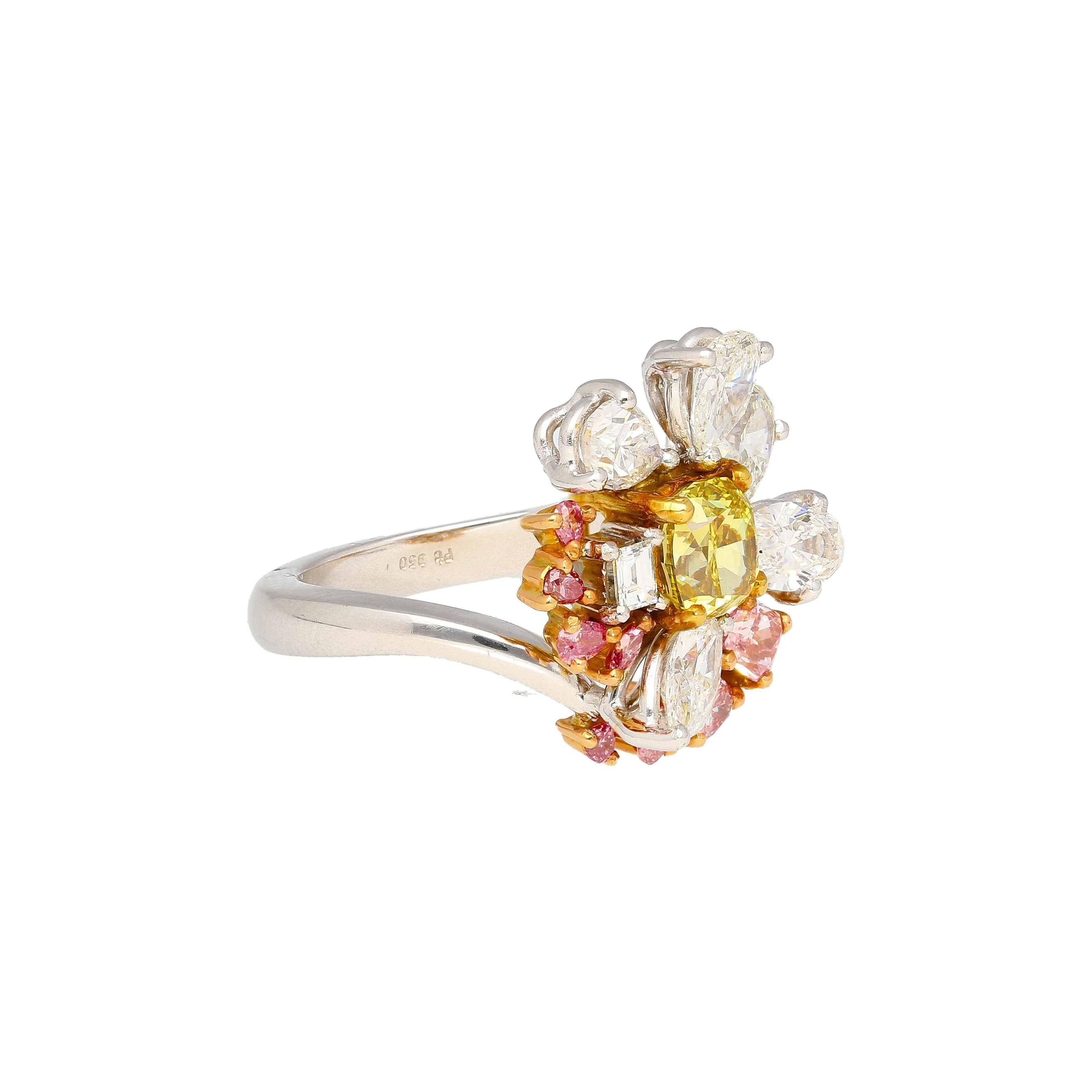 GIA Certified Fancy Yellow Cushion Cut Diamond with Pink and White Diamond Side Stones in Platinum 950 & 18K White Gold - Image 4
