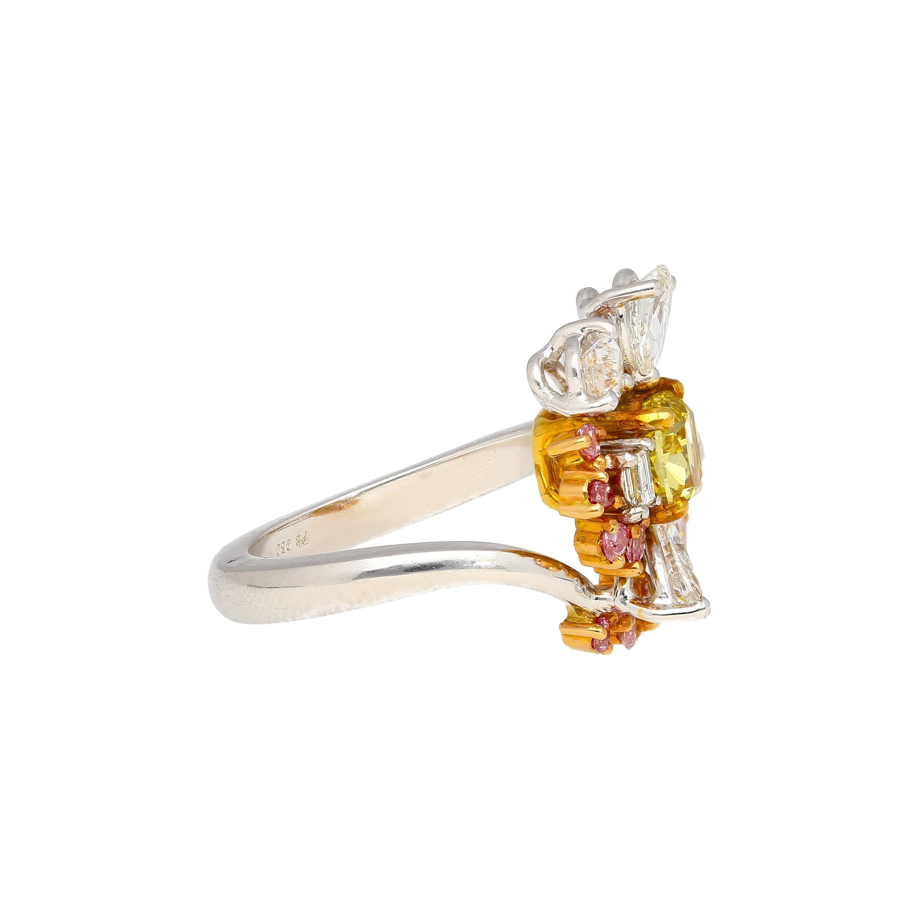 GIA Certified Fancy Yellow Cushion Cut Diamond with Pink and White Diamond Side Stones in Platinum 950 & 18K White Gold - Image 5