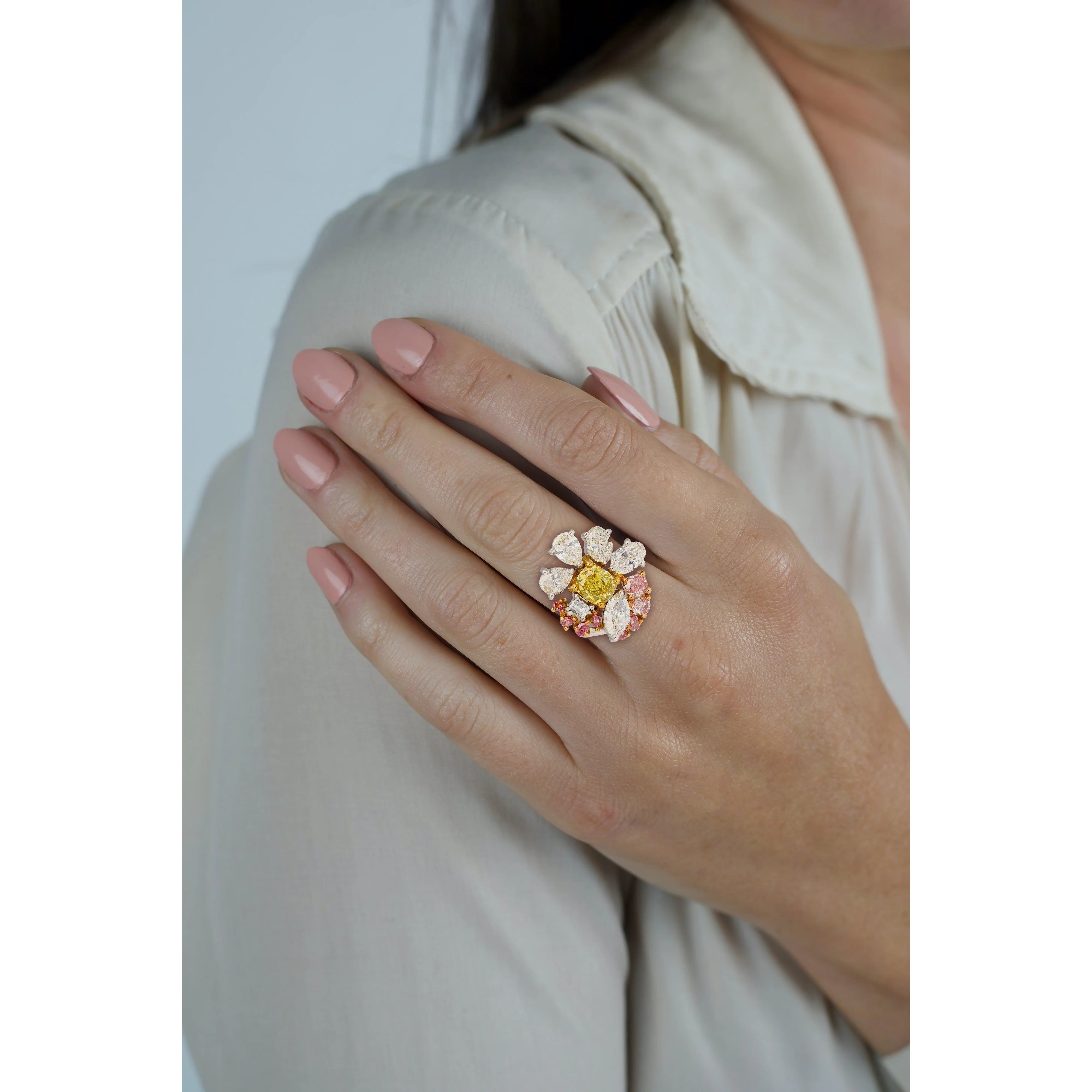 GIA Certified Fancy Yellow Cushion Cut Diamond with Pink and White Diamond Side Stones in Platinum 950 & 18K White Gold - Image 7