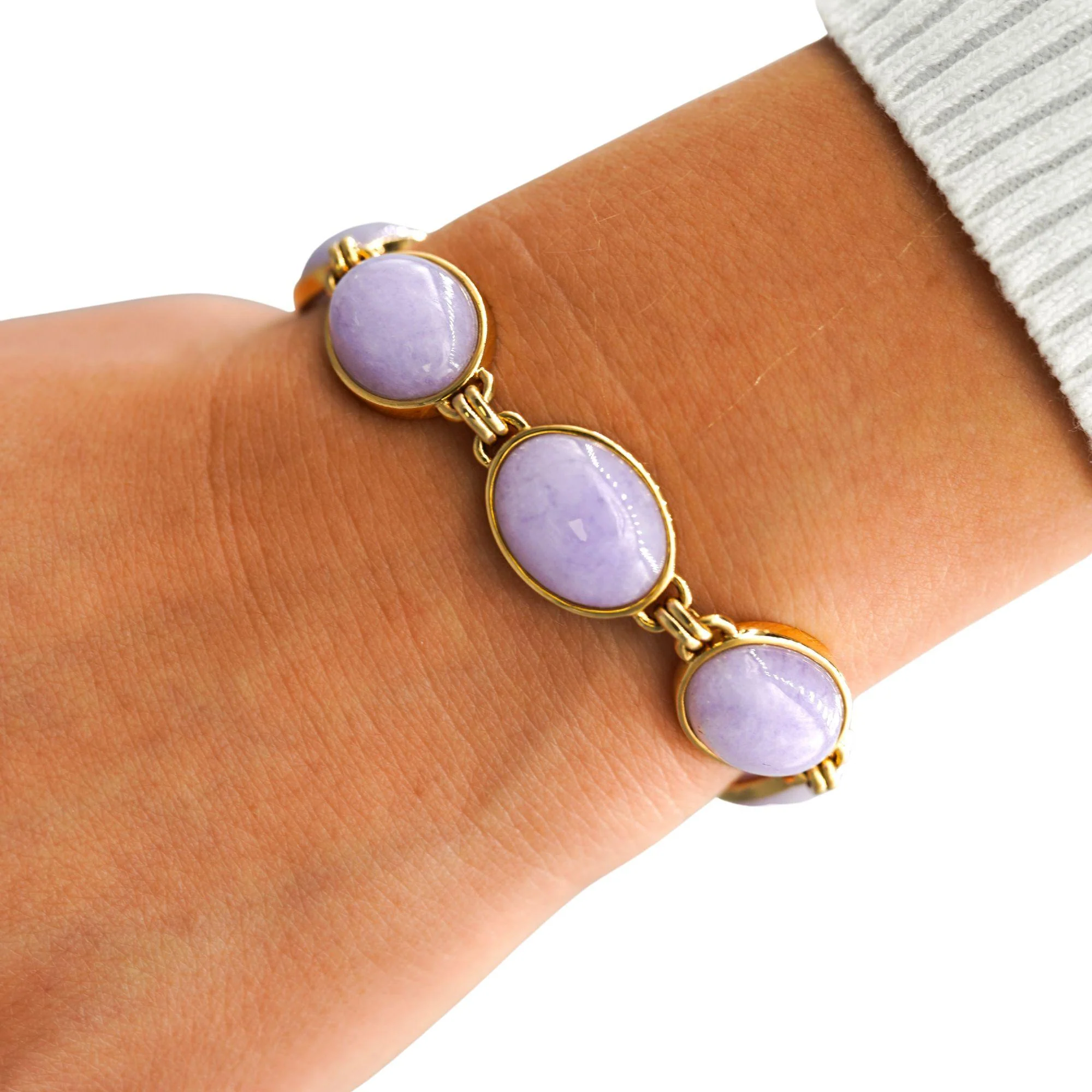 GIA Certified GUMP Signed Lavender Jadeite Jade 14K Gold Link Bracelet - Image 4
