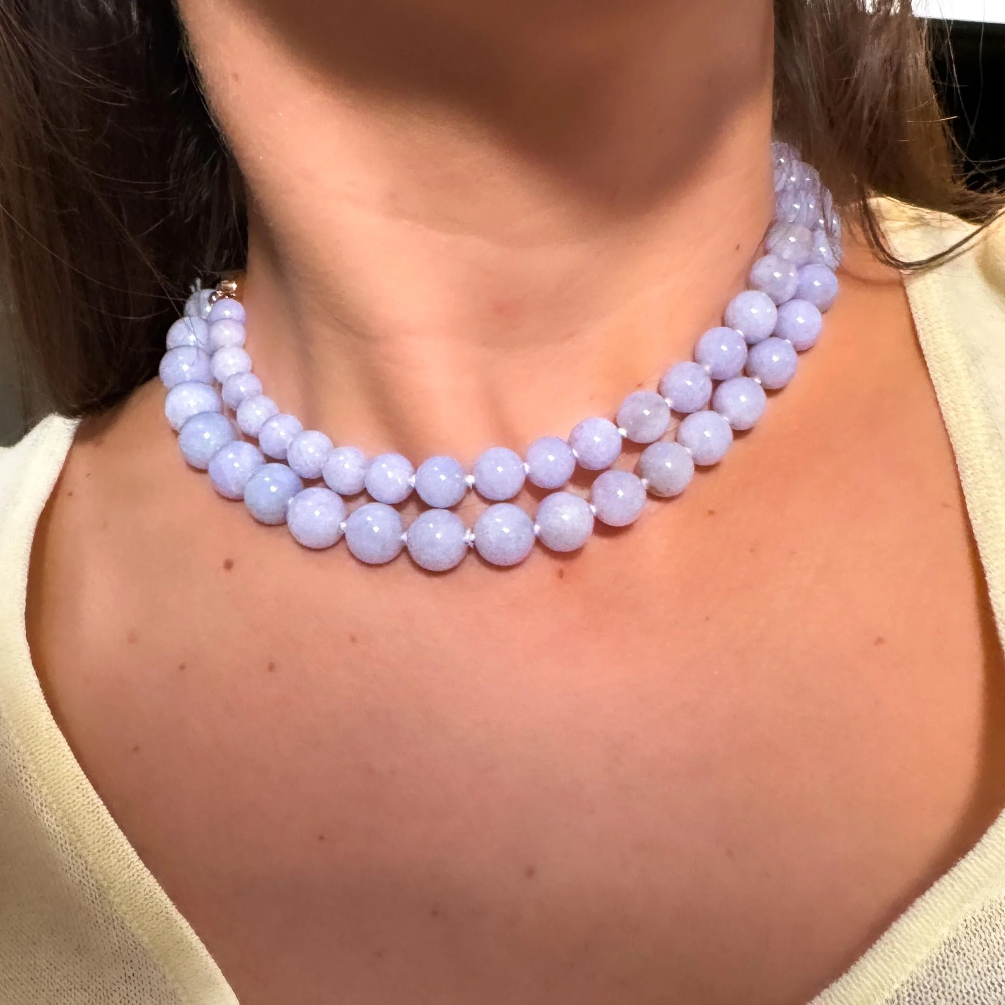 GIA Certified Gumps San Francisco Type A Lavender Jadeite Bead Necklace - Image 2