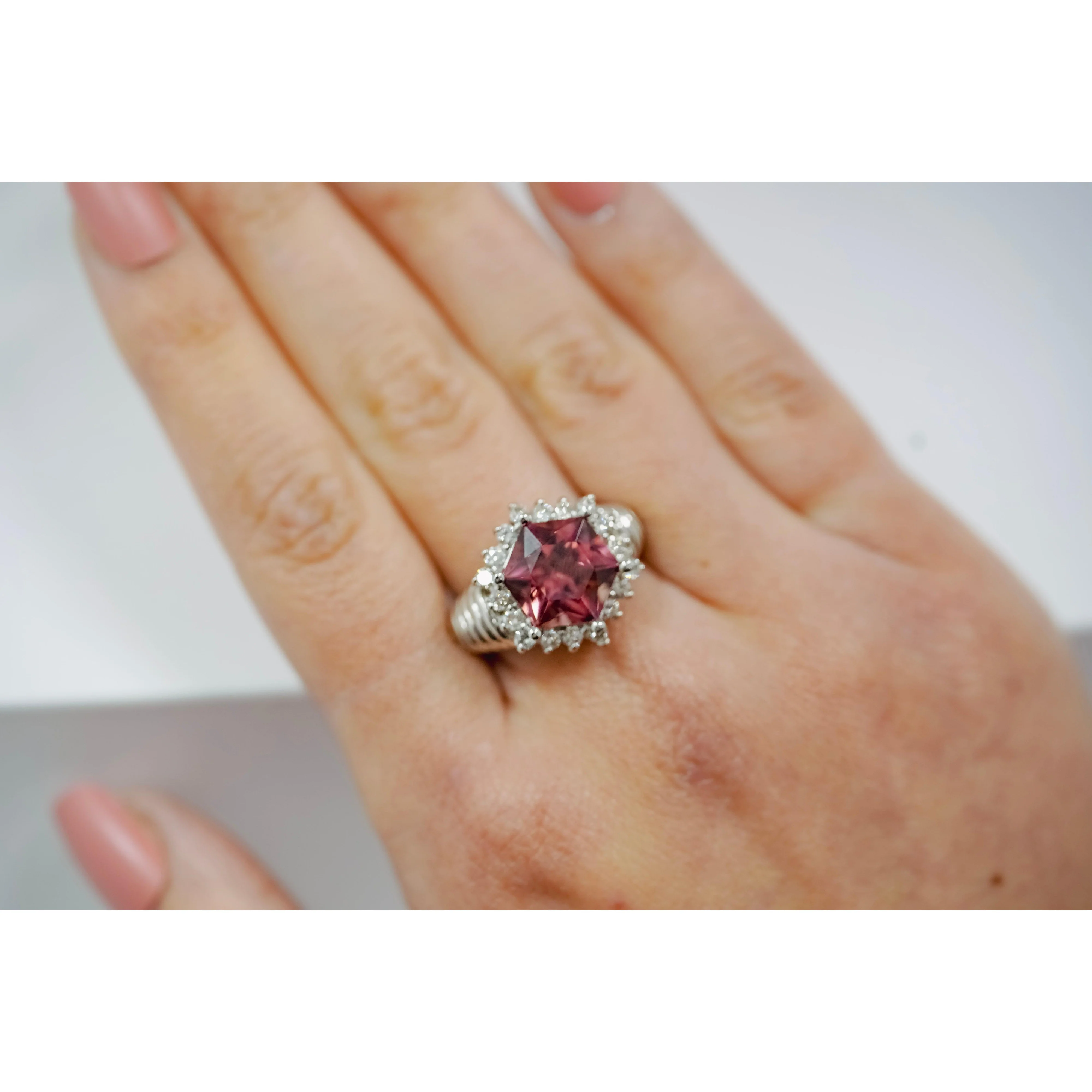GIA Certified Hexagon Cut Pink Tourmaline with Diamond Halo Star Shape Ring in 18K White Gold - Image 3