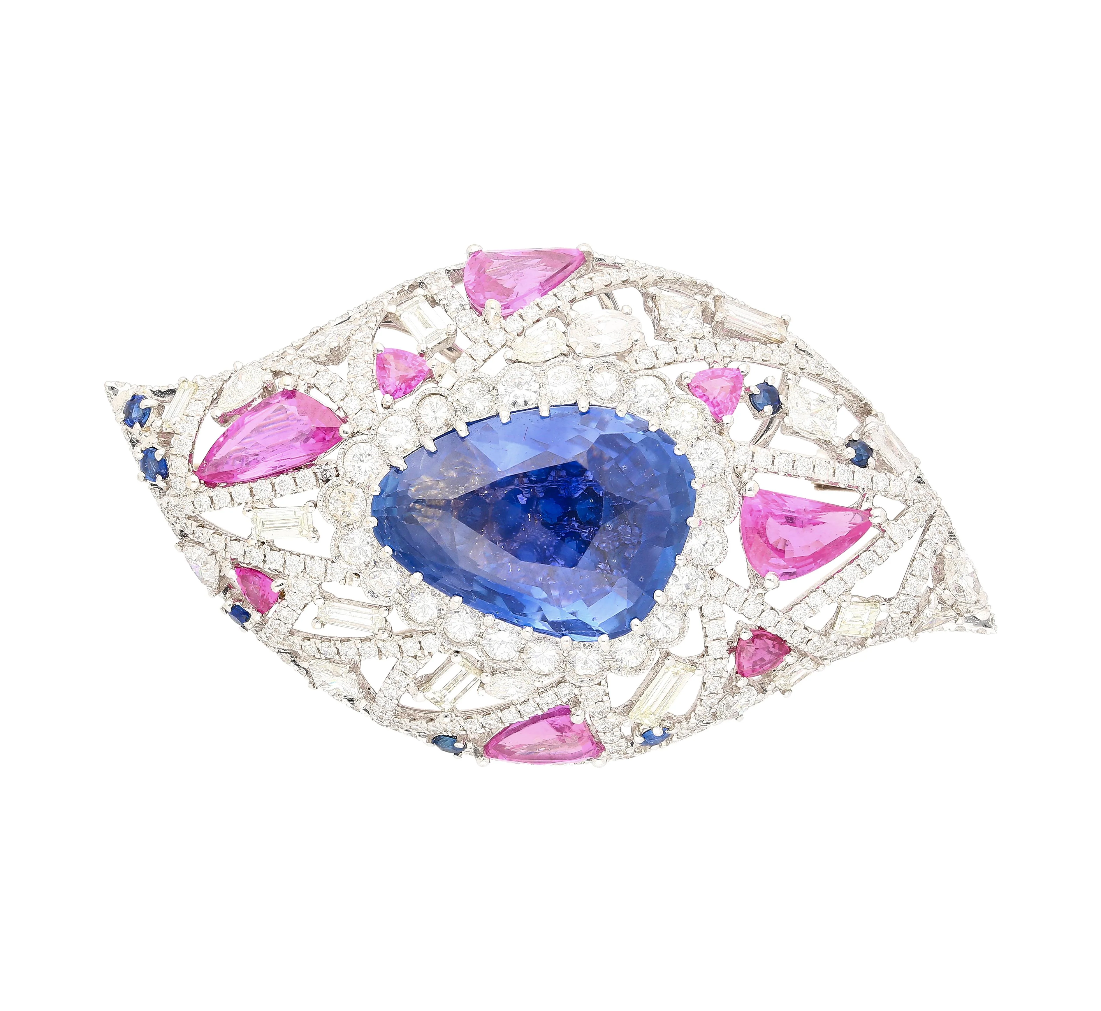 GIA Certified High Jewelry Sapphire and Diamond Eye Motif Pendant-Brooch - Image 2