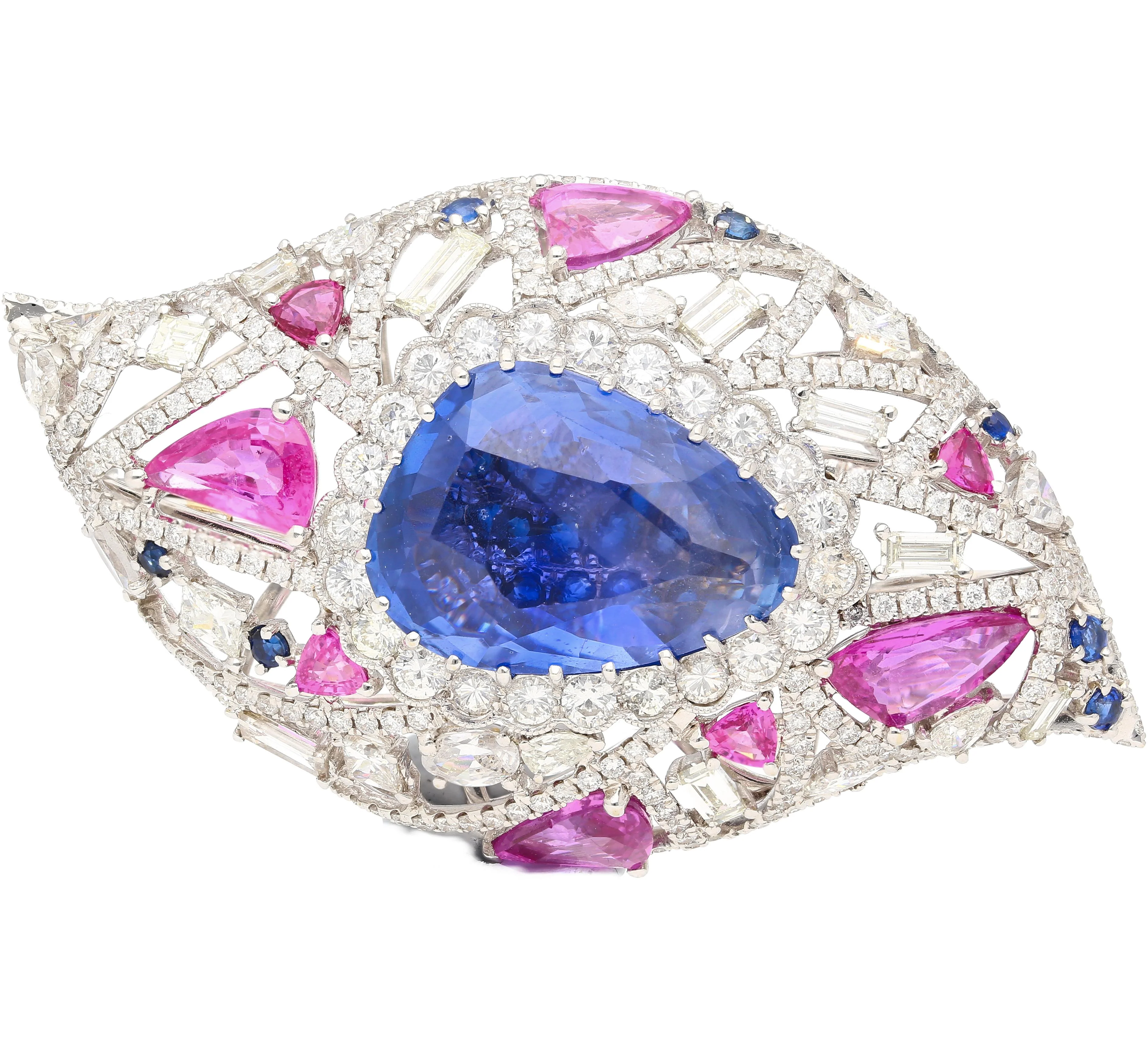 GIA Certified High Jewelry Sapphire and Diamond Eye Motif Pendant-Brooch - Image 4