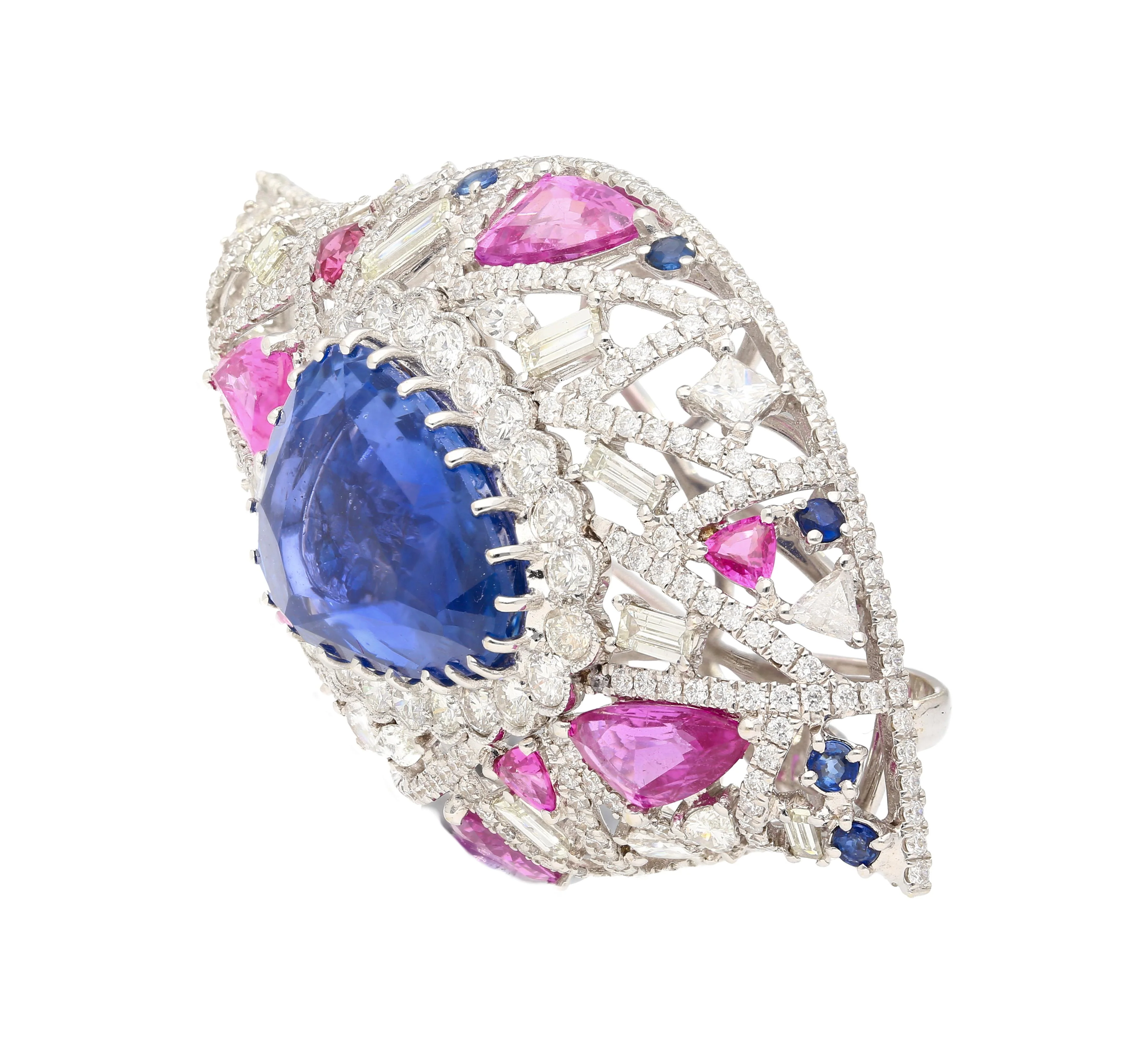 GIA Certified High Jewelry Sapphire and Diamond Eye Motif Pendant-Brooch - Image 5