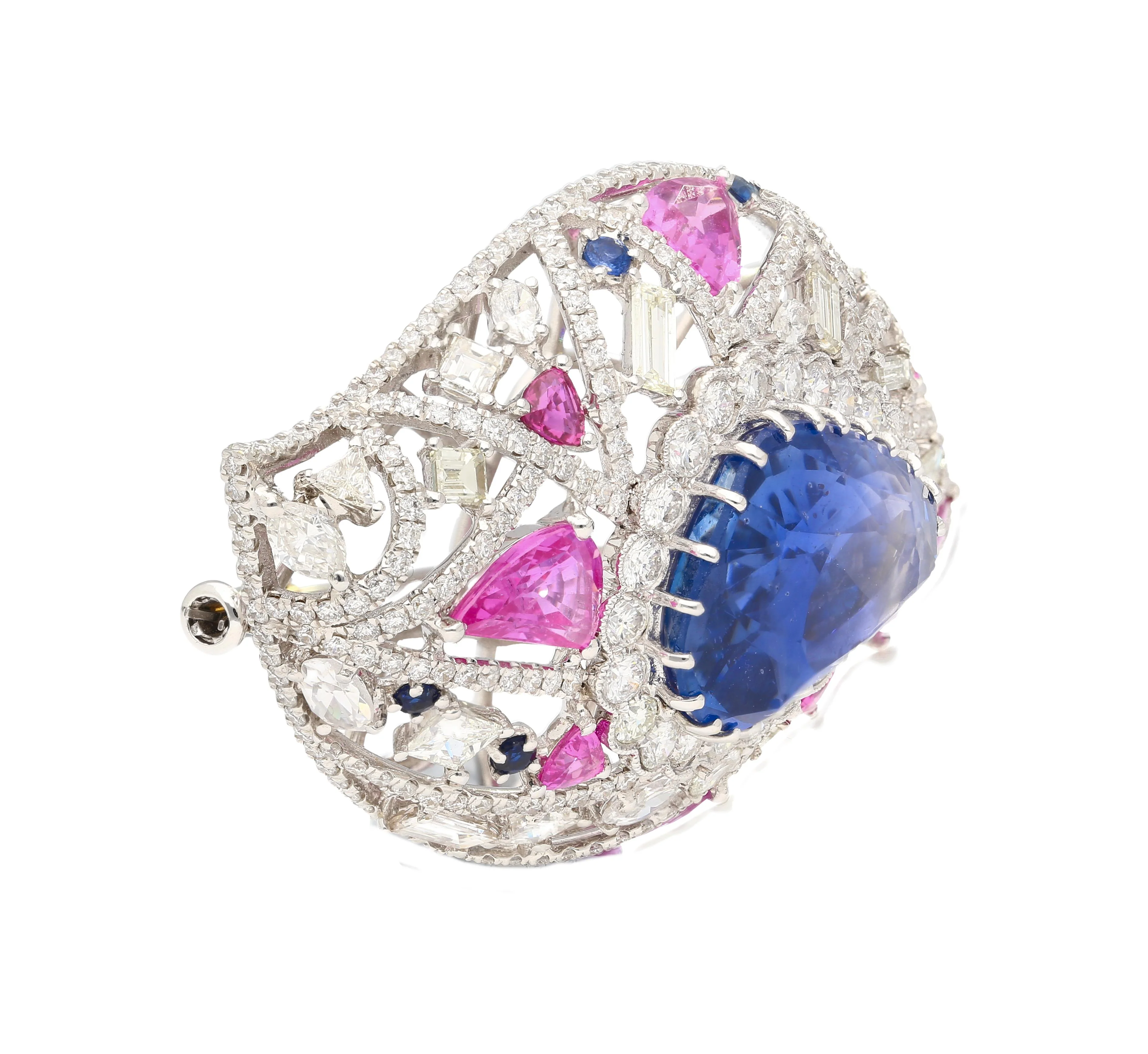 GIA Certified High Jewelry Sapphire and Diamond Eye Motif Pendant-Brooch - Image 6