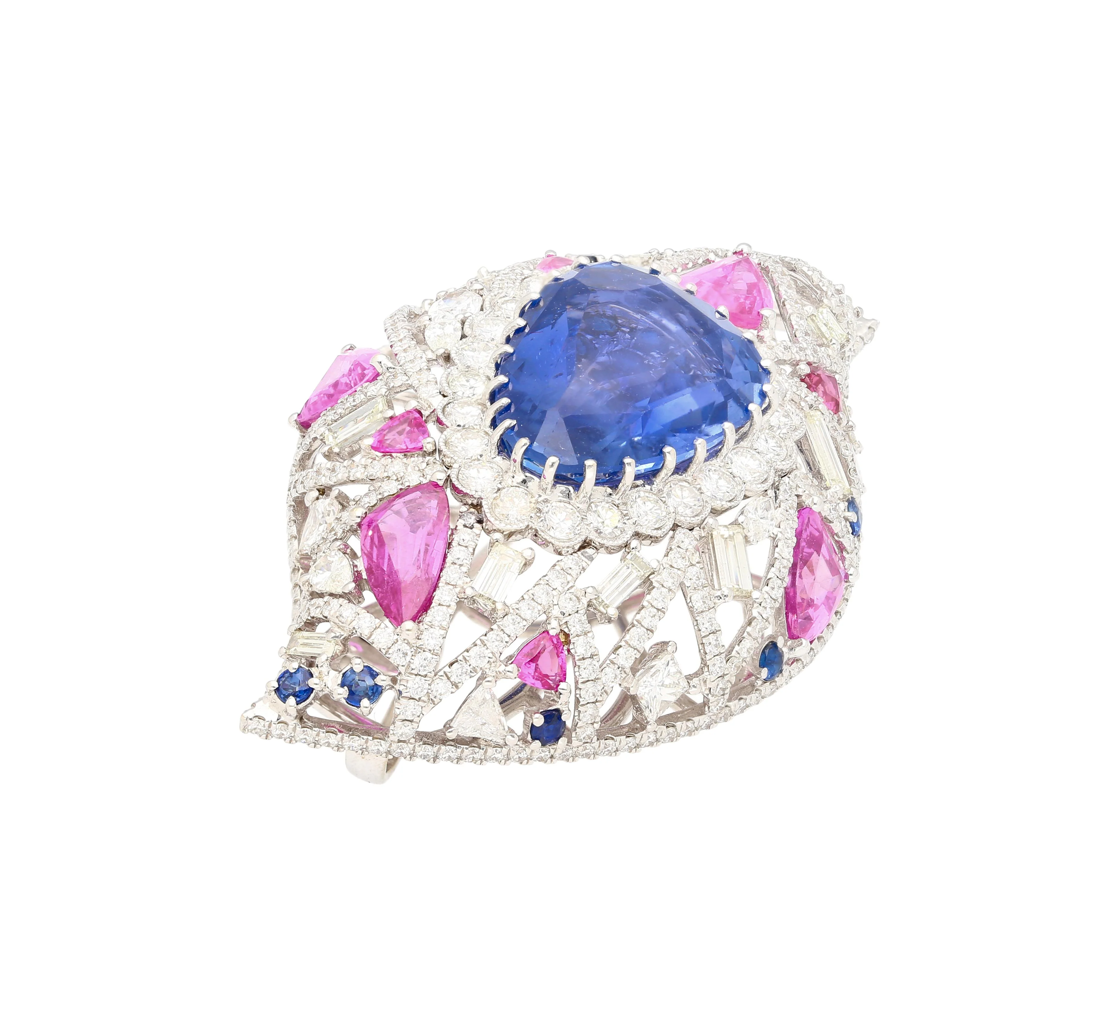 GIA Certified High Jewelry Sapphire and Diamond Eye Motif Pendant-Brooch - Image 7