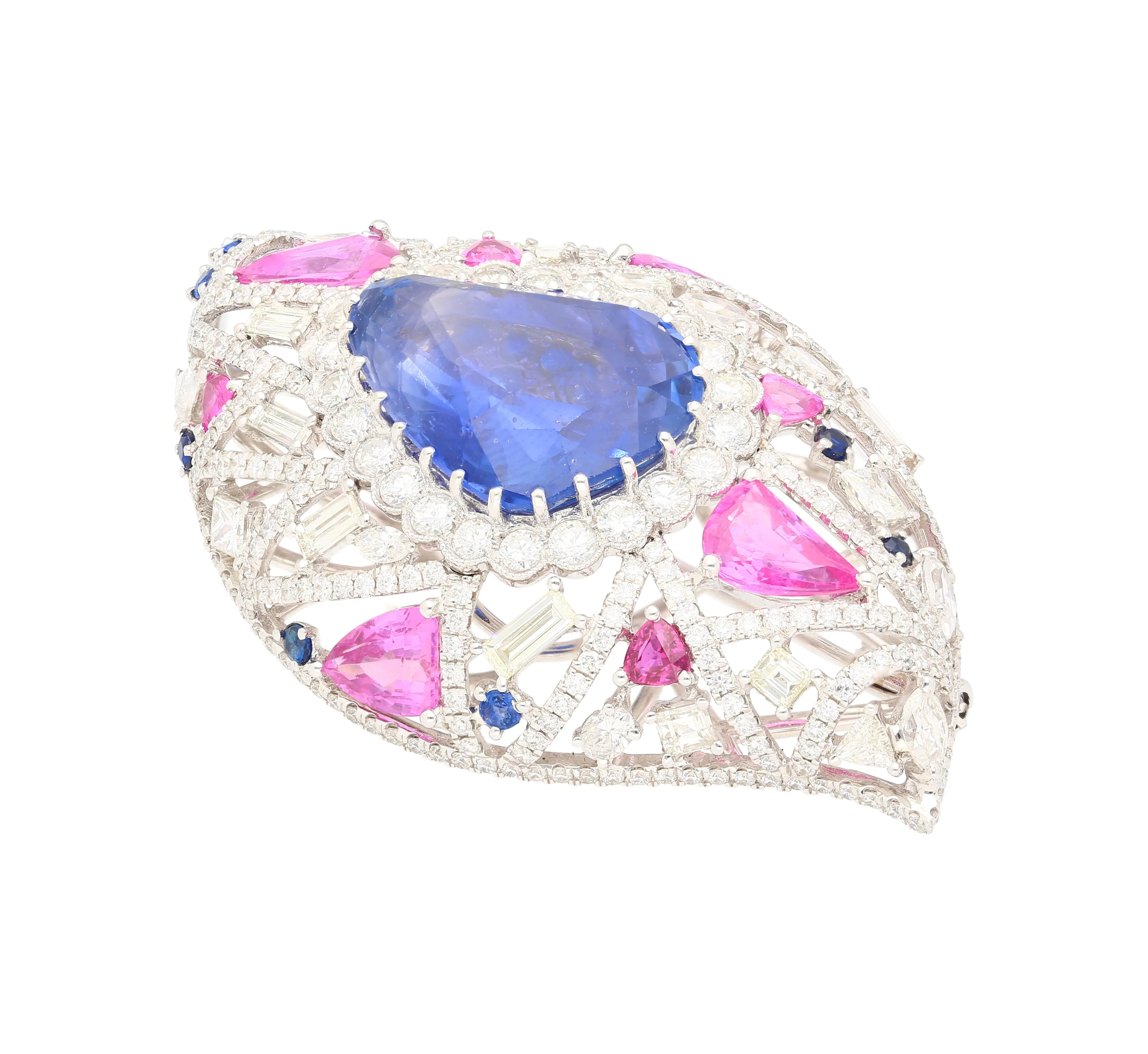 GIA Certified High Jewelry Sapphire and Diamond Eye Motif Pendant-Brooch - Image 8