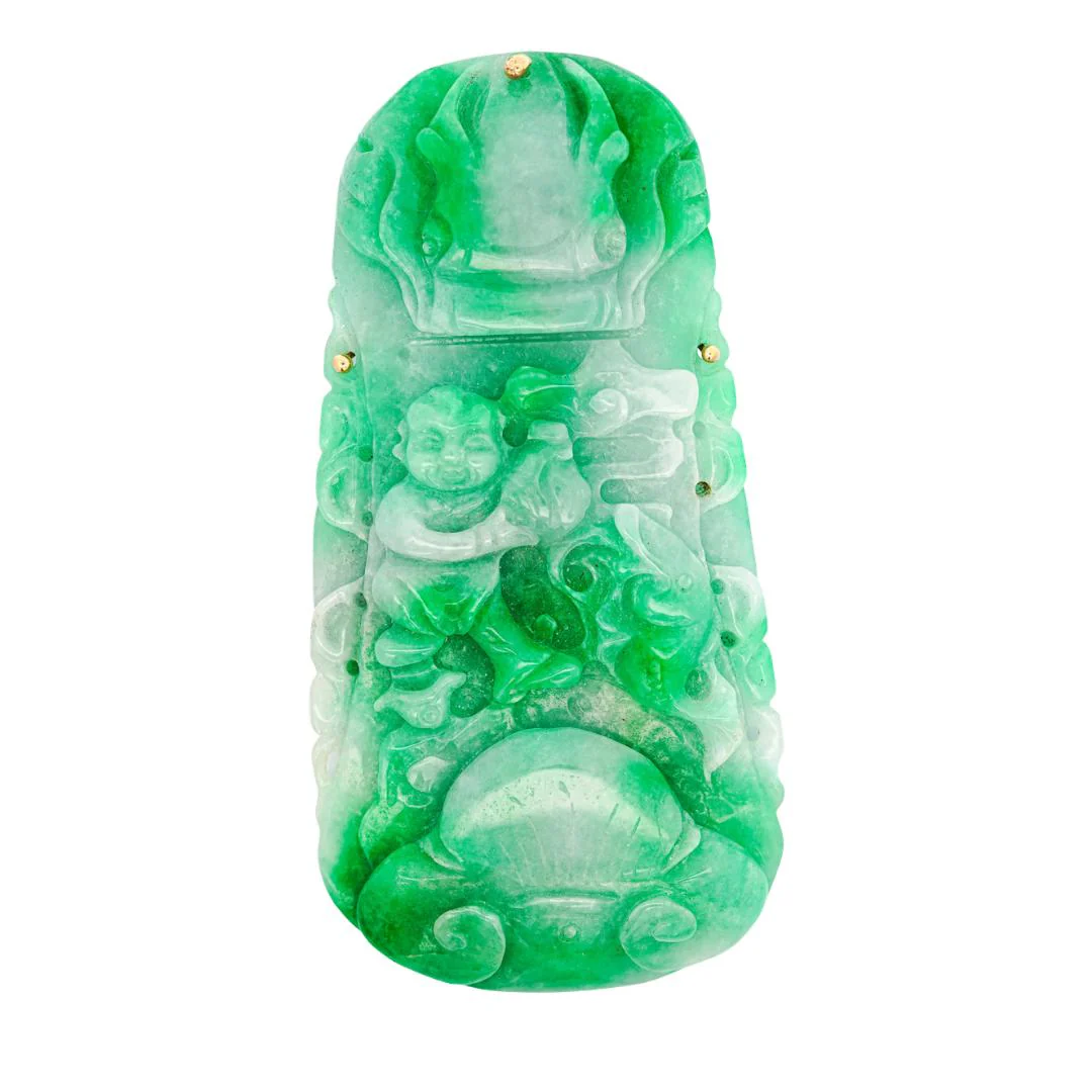 GIA Certified Large Carved Jadeite Jade Fei Cui Boy Turtle Yellow Gold Pendant - Image 2