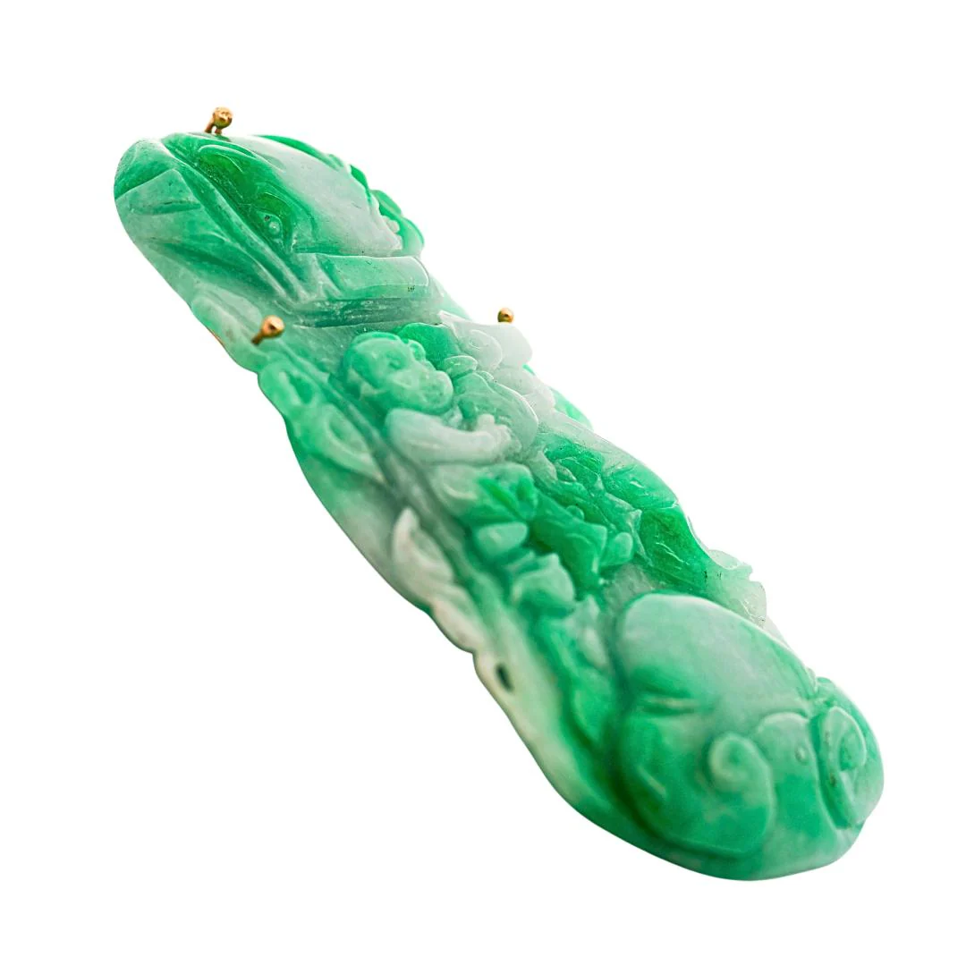 GIA Certified Large Carved Jadeite Jade Fei Cui Boy Turtle Yellow Gold Pendant - Image 4