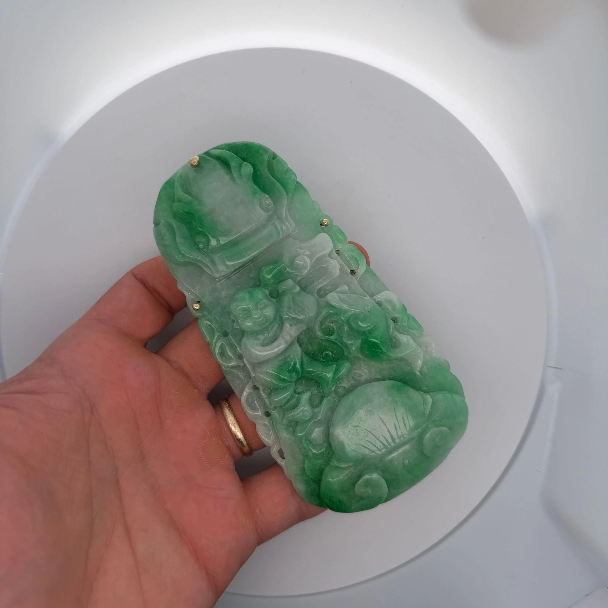 GIA Certified Large Carved Jadeite Jade Fei Cui Boy Turtle Yellow Gold Pendant - Image 6