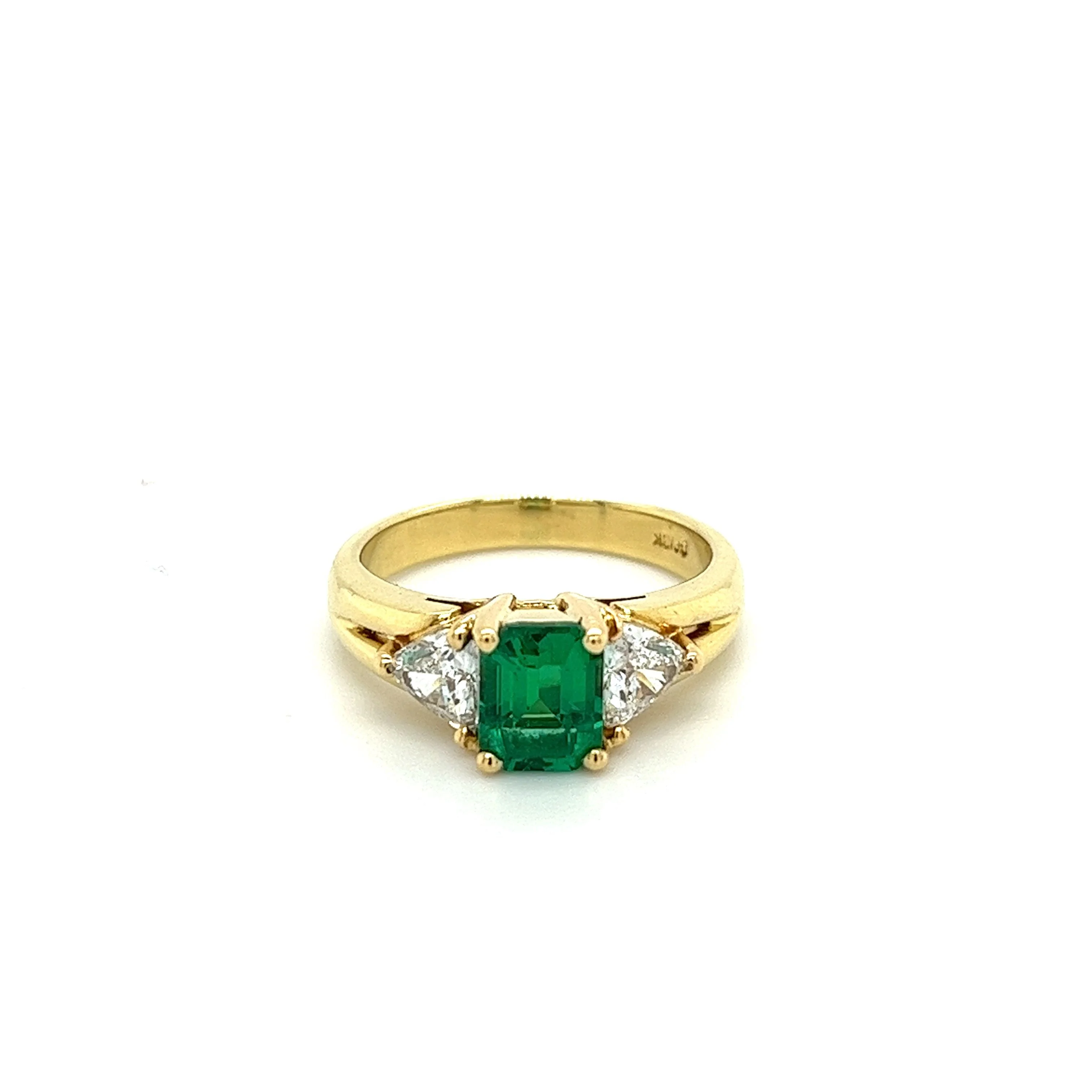 GIA Certified Minor Oil Zambian Emerald & Trillion Diamond 3-Stone Ring in 18K - Image 7