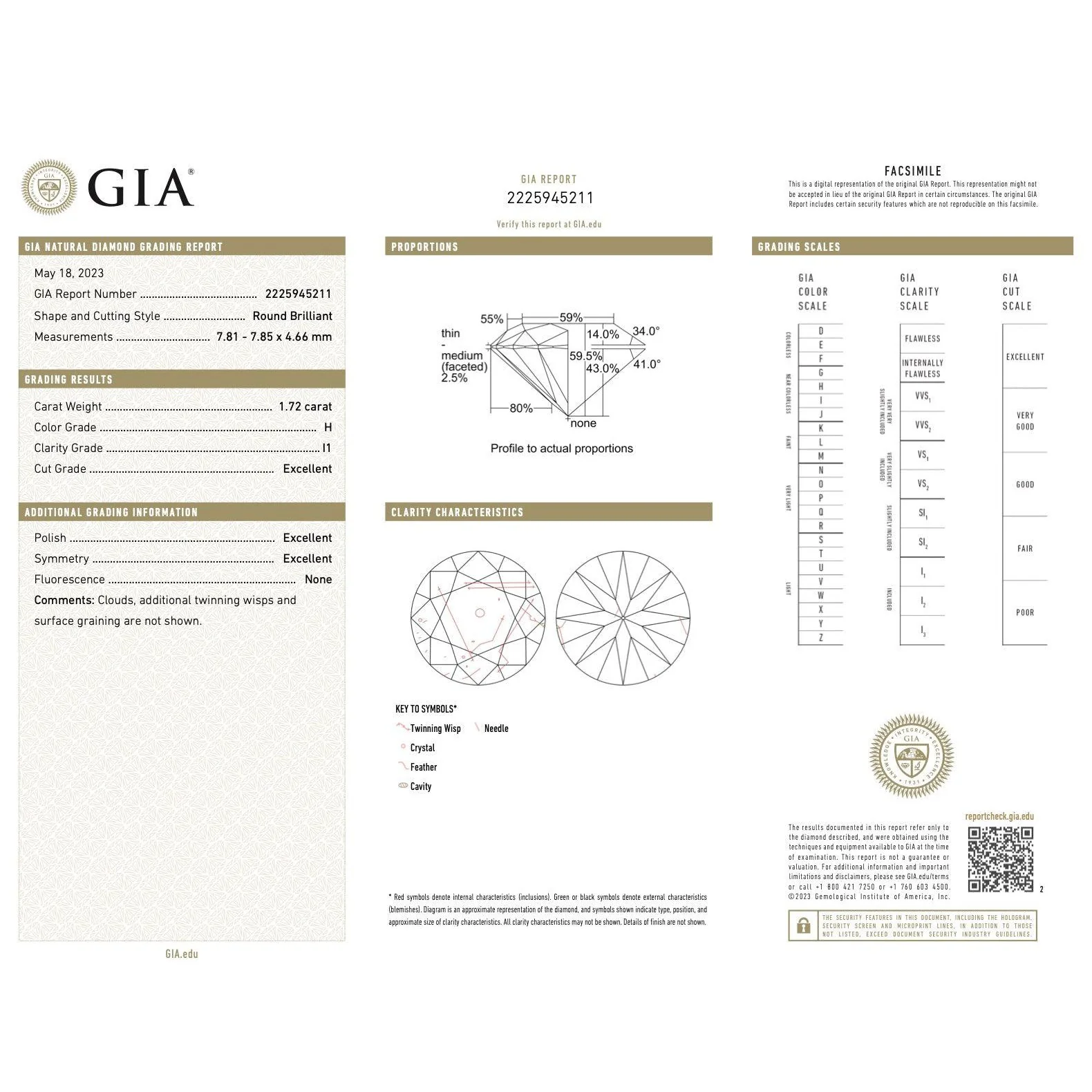 GIA Certified Natural 1.72 Carat Loose Diamond Round-Brilliant-Cut H Color - I1 Clarity - Excellent Cut - Image 5