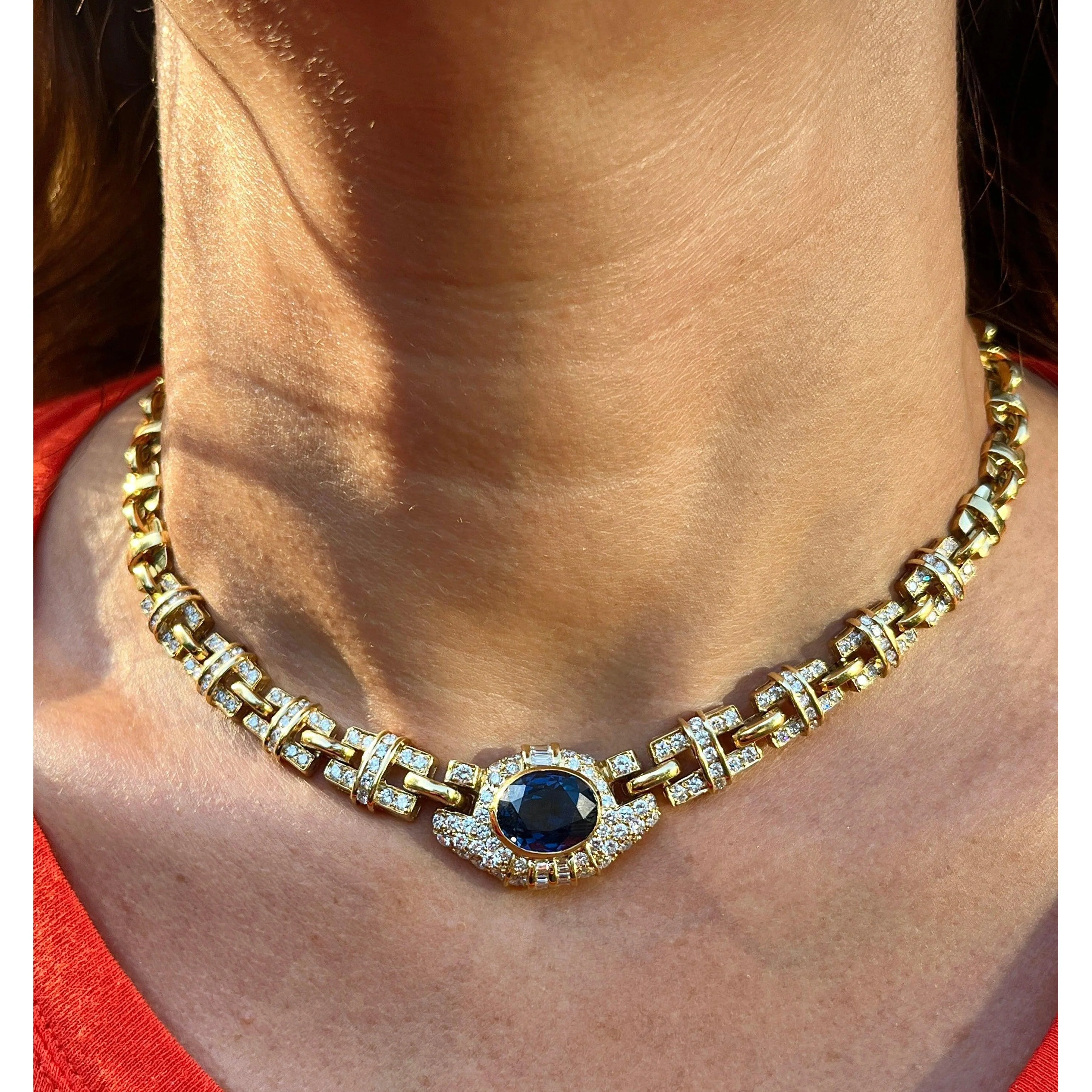 GIA Certified No Heat Blue Sapphire 18k Gold Cable Chain Choker Necklace 15.5" - Image 4