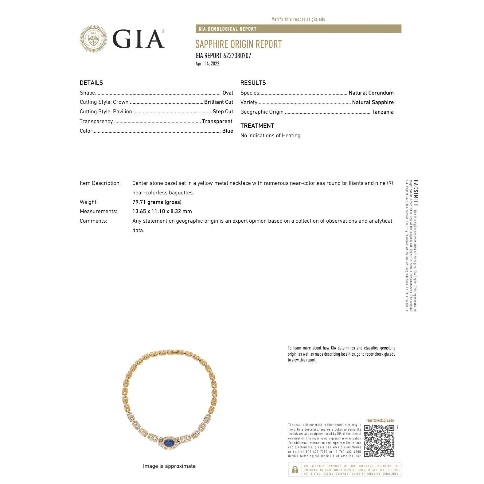 GIA Certified No Heat Blue Sapphire 18k Gold Cable Chain Choker Necklace 15.5" - Image 7