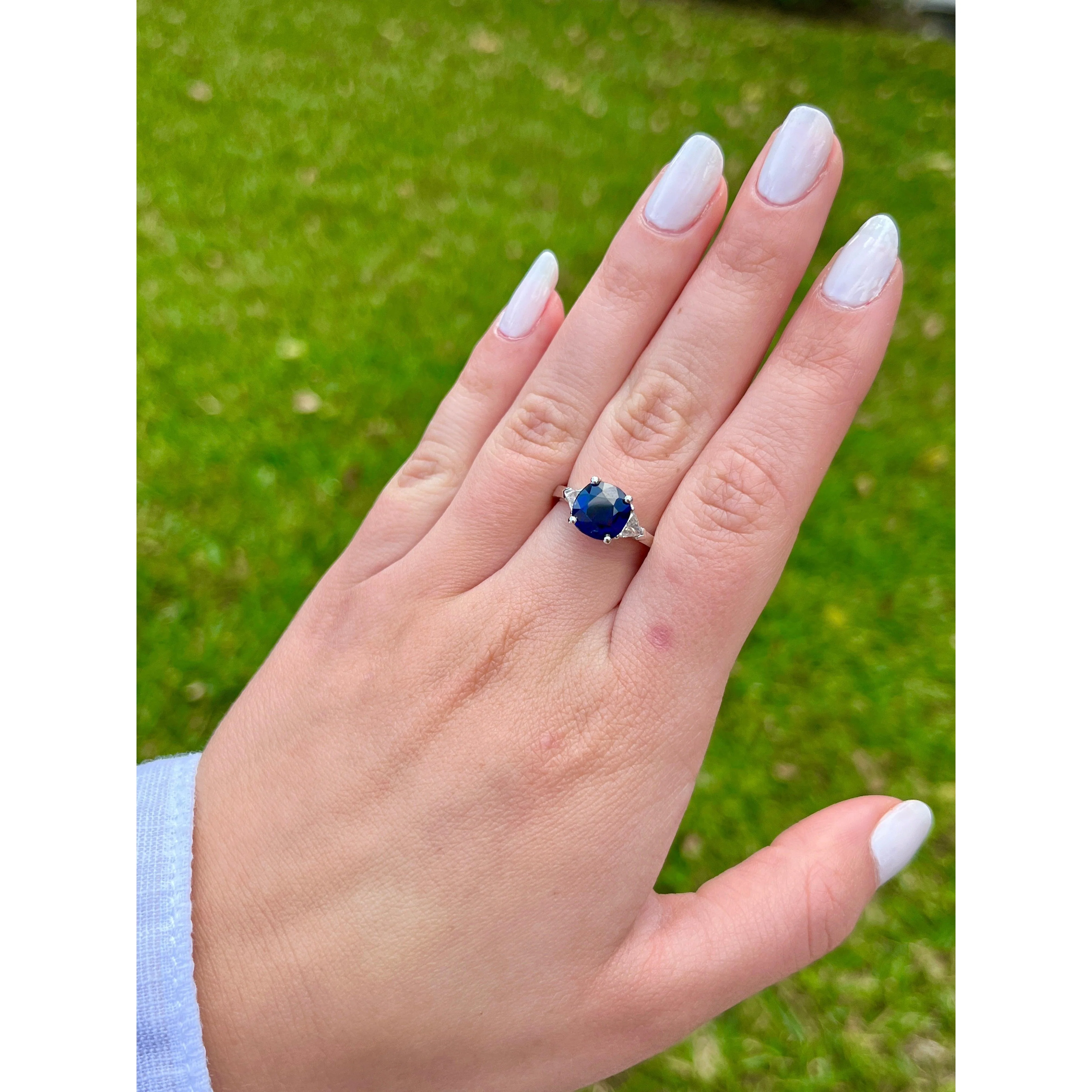 GIA Certified No Heat Blue Sapphire & Trillion Cut Diamond 3-Stone Engagement Ring - Image 6