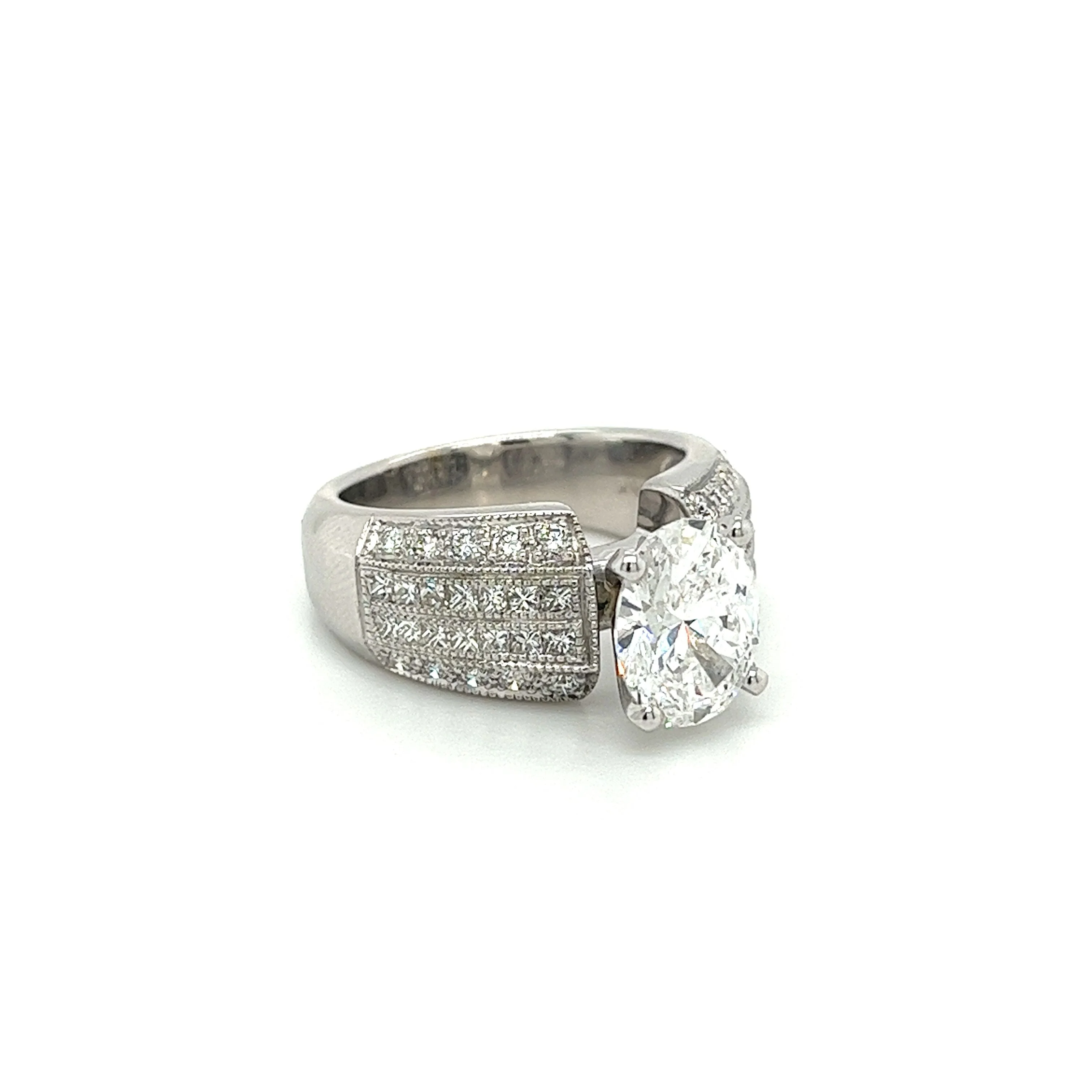 GIA Certified Oval Cut 2.14 Carat & 18K White Gold Wide Frame Engagement Ring - Image 2