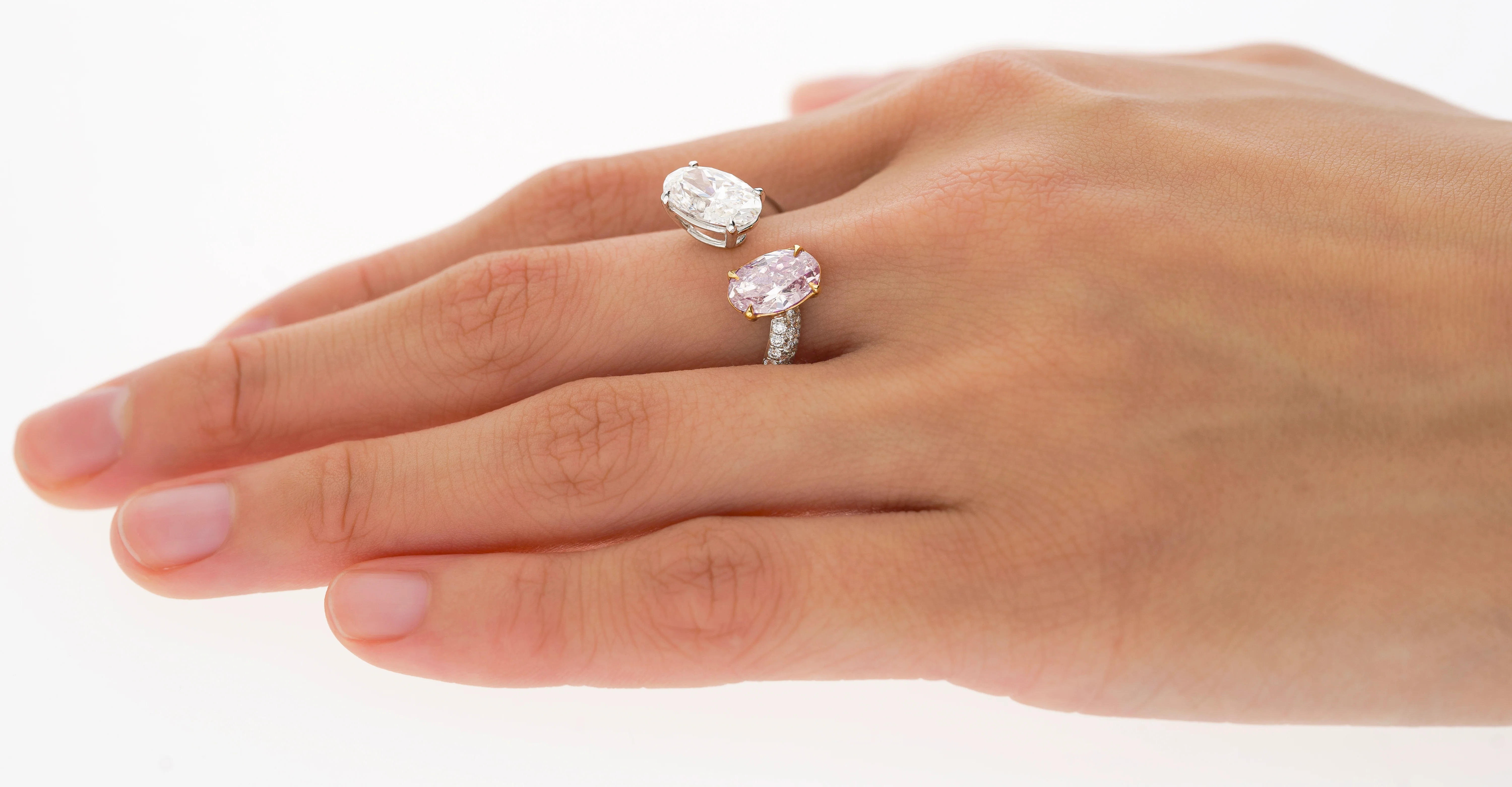 GIA Certified Oval Cut Fancy Orangy Pink & White Diamond Toi Et Moi 18K Ring - Image 3