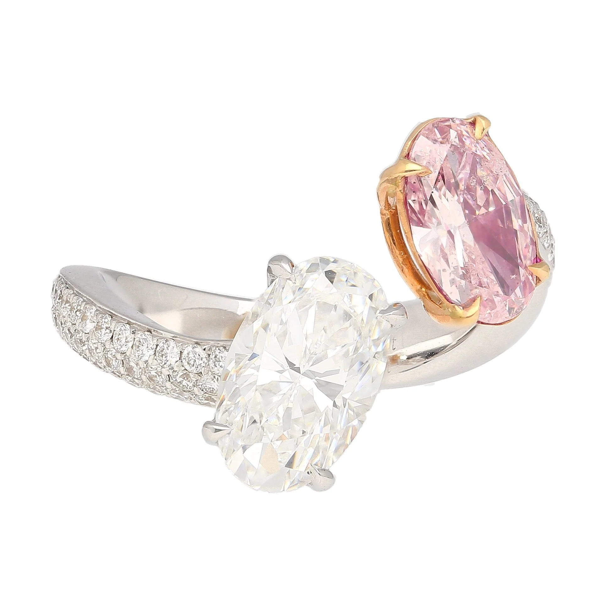 GIA Certified Oval Cut Fancy Orangy Pink & White Diamond Toi Et Moi 18K Ring - Image 5