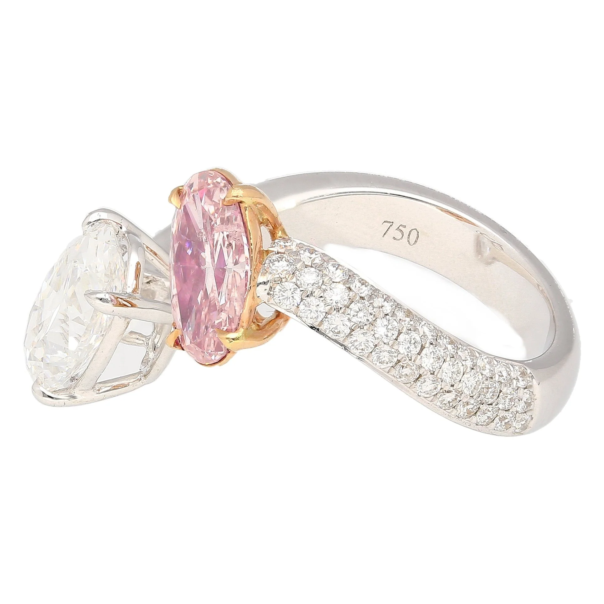 GIA Certified Oval Cut Fancy Orangy Pink & White Diamond Toi Et Moi 18K Ring - Image 6