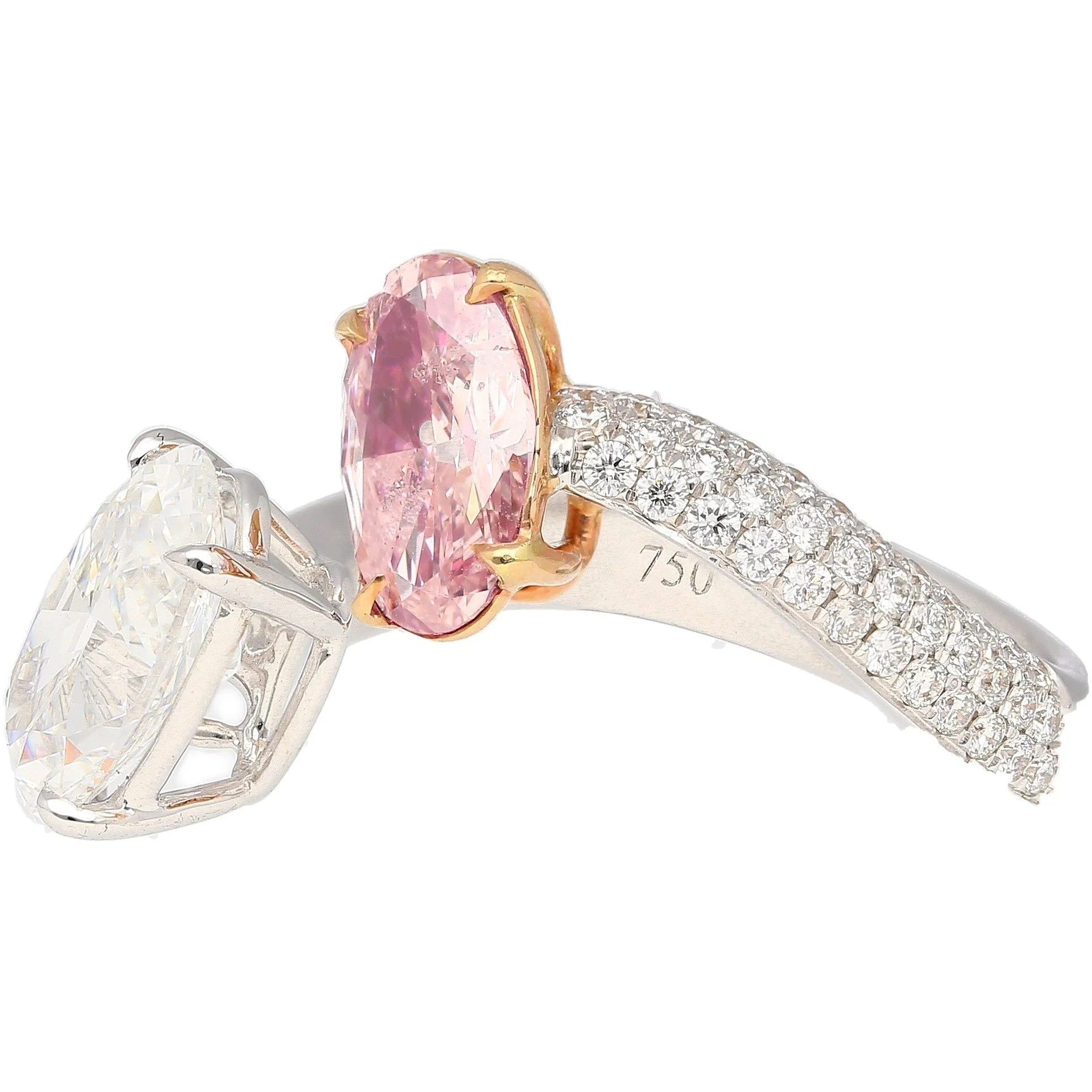 GIA Certified Oval Cut Fancy Orangy Pink & White Diamond Toi Et Moi 18K Ring - Image 7