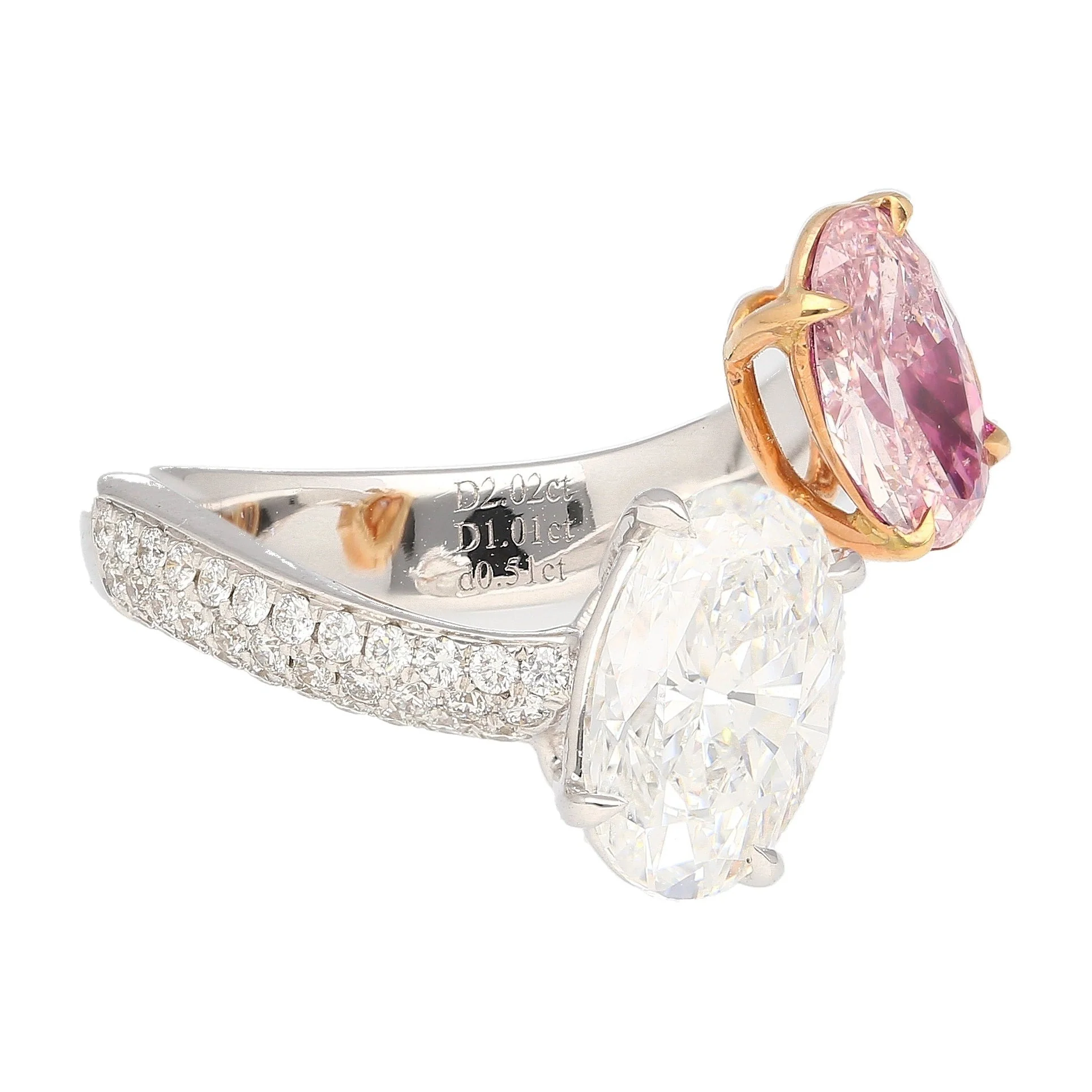 GIA Certified Oval Cut Fancy Orangy Pink & White Diamond Toi Et Moi 18K Ring - Image 8