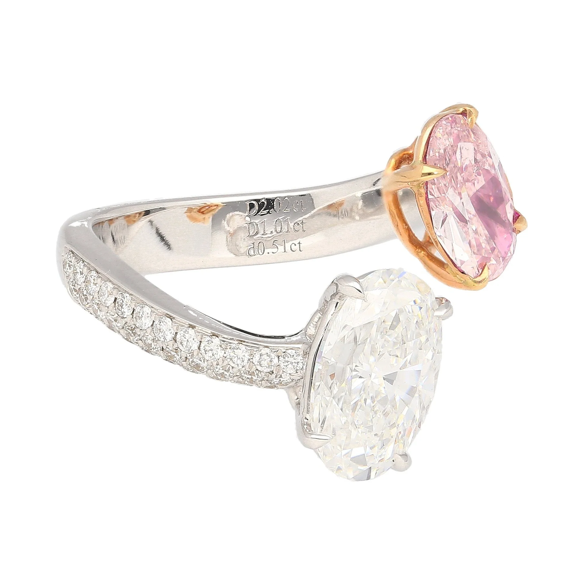 GIA Certified Oval Cut Fancy Orangy Pink & White Diamond Toi Et Moi 18K Ring - Image 9