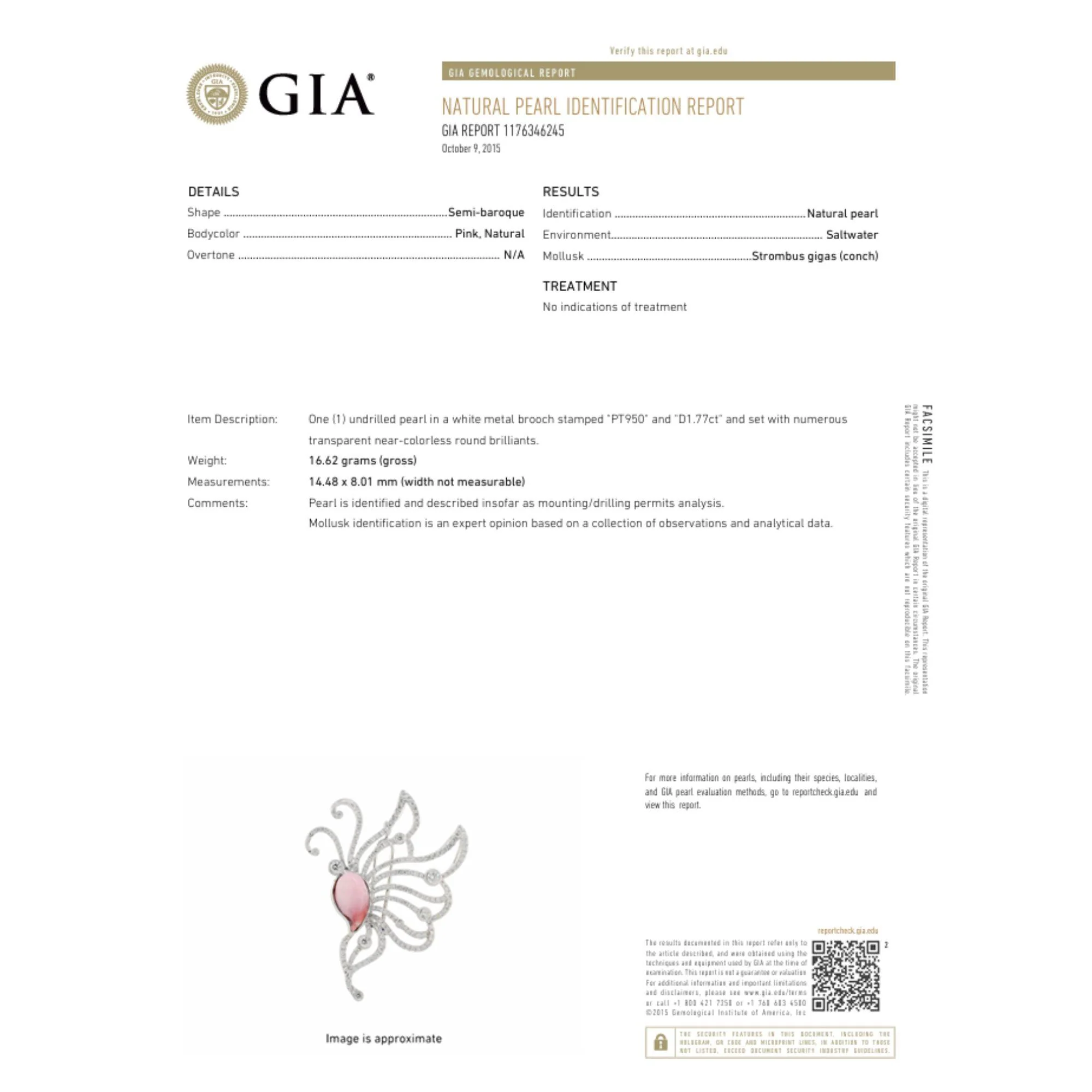GIA Certified Pink Natural Saltwater Conch Pearl & Diamond Platinum Brooch - Image 7