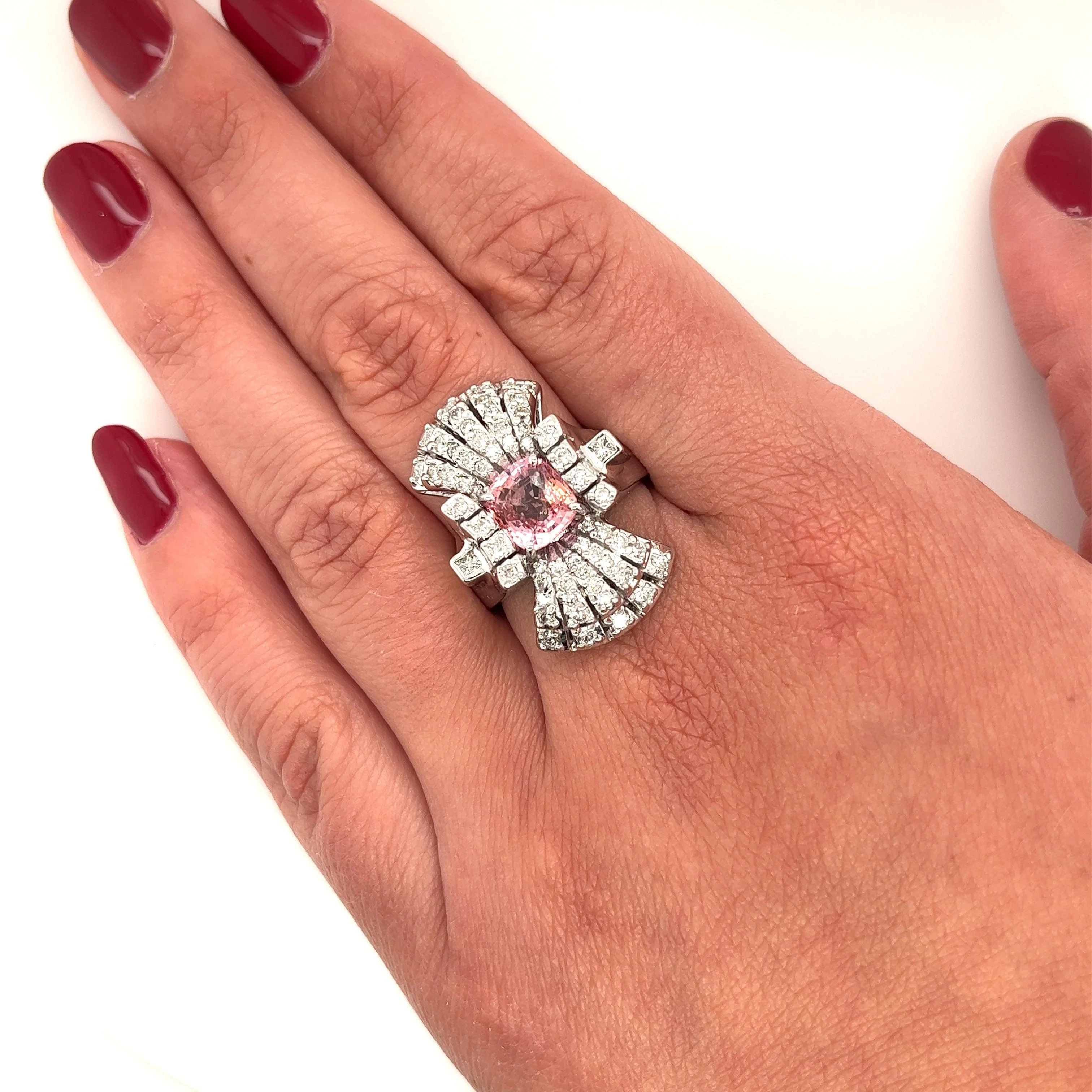 GIA Certified Pink Sapphire and Diamond Vintage 18K Gold Vertical Ring - Image 4