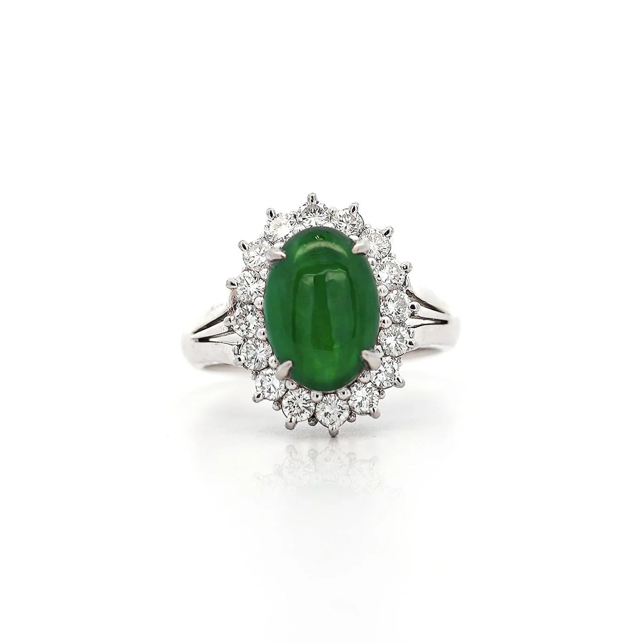 GIA Certified Type A Fei Cui Jadeite Jade Diamond Halo Platinum Split Shank Ring - Image 6