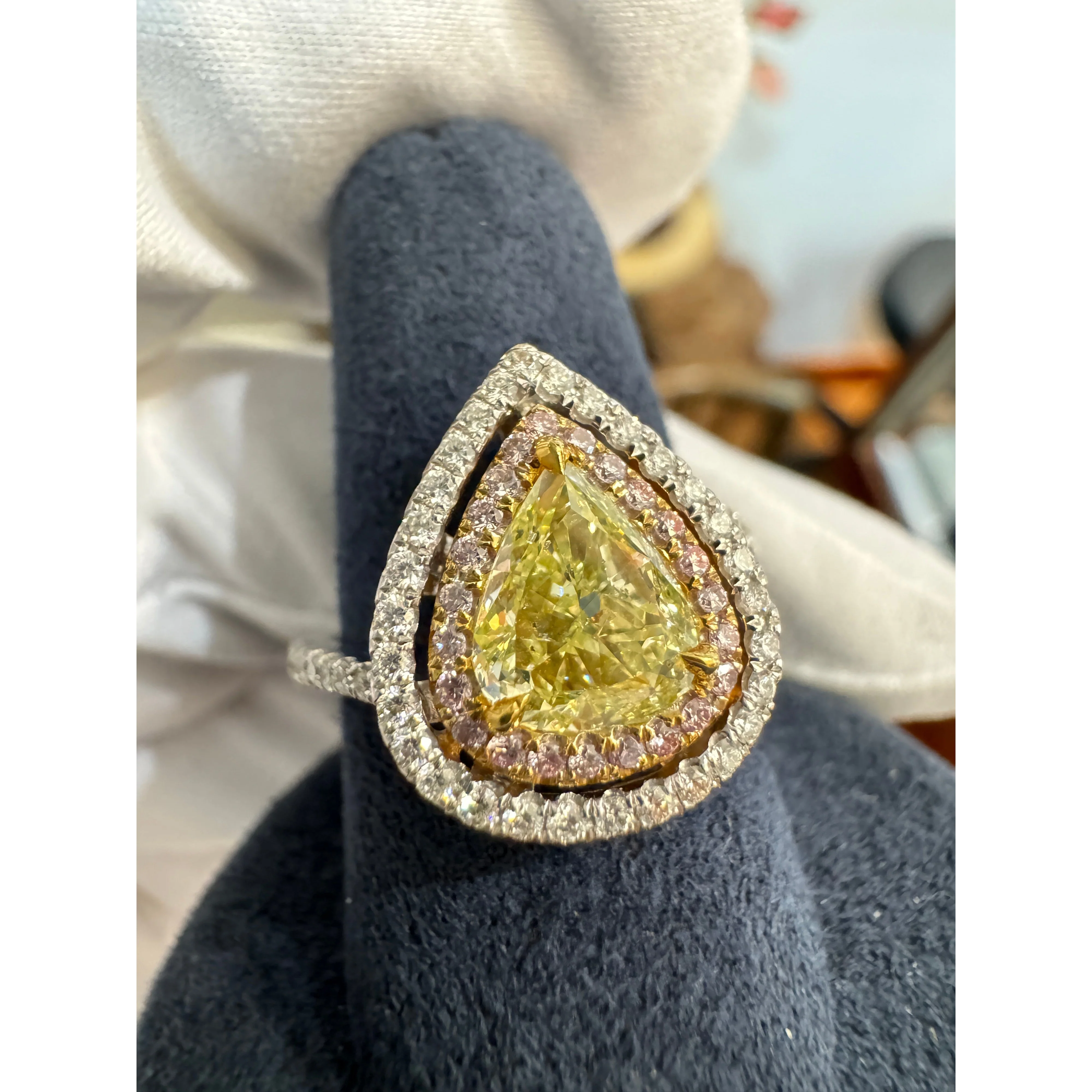 GIA 1.25CT Pear Cut Fancy Green Yellow Diamond 18K Tri-Colored Gold Bypass Ring - Image 10