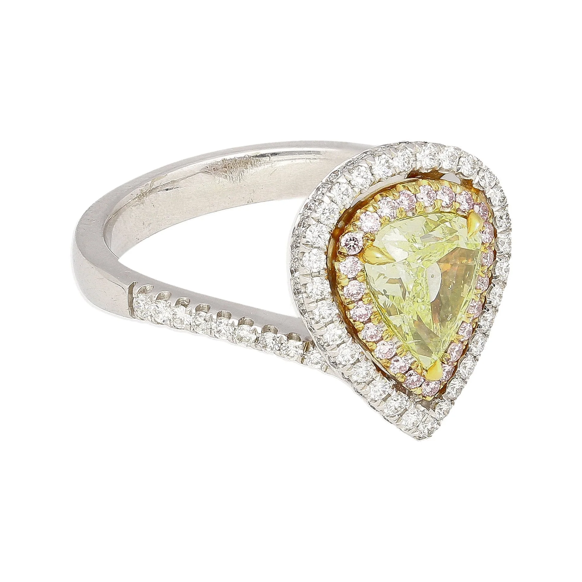 GIA 1.25CT Pear Cut Fancy Green Yellow Diamond 18K Tri-Colored Gold Bypass Ring - Image 3