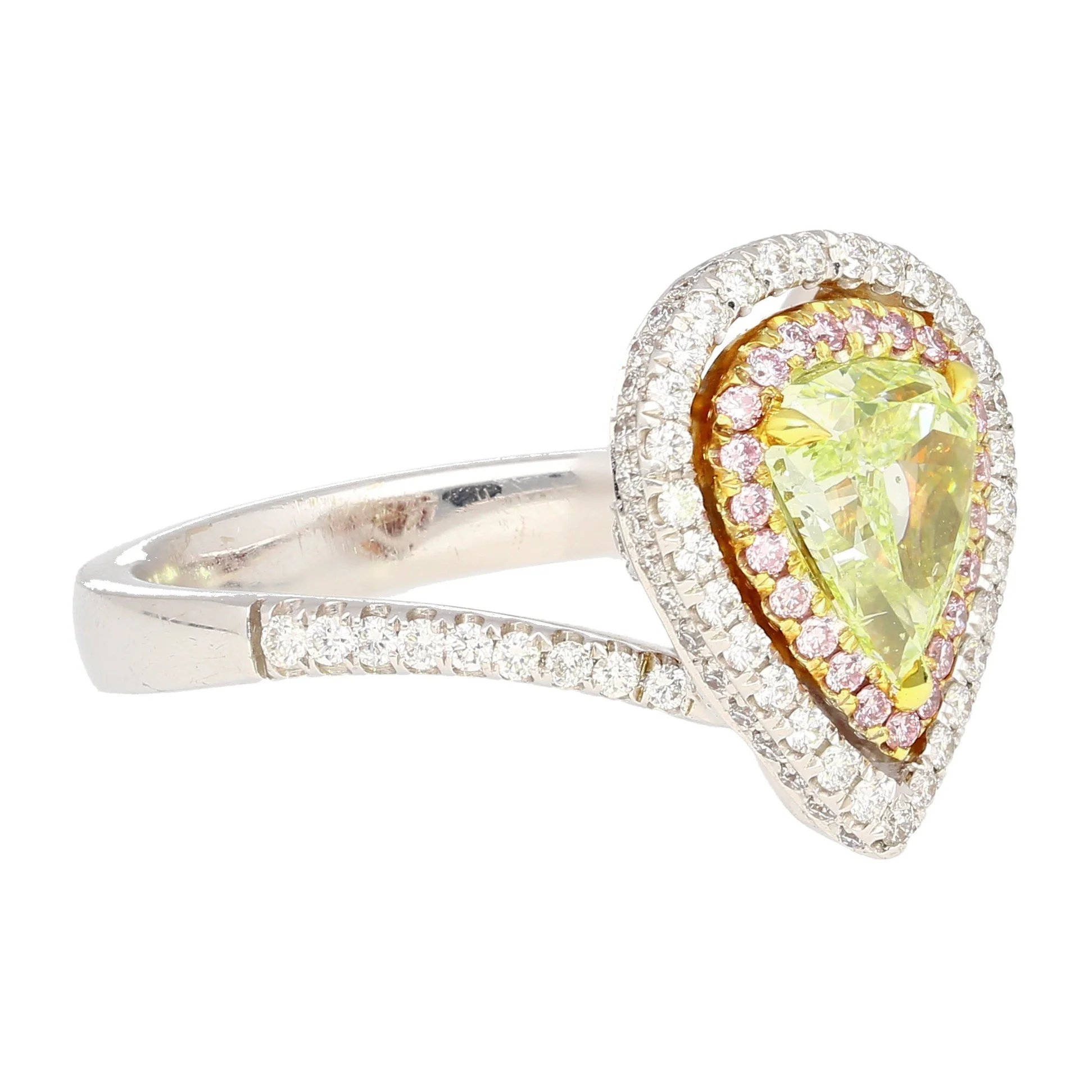 GIA 1.25CT Pear Cut Fancy Green Yellow Diamond 18K Tri-Colored Gold Bypass Ring - Image 4
