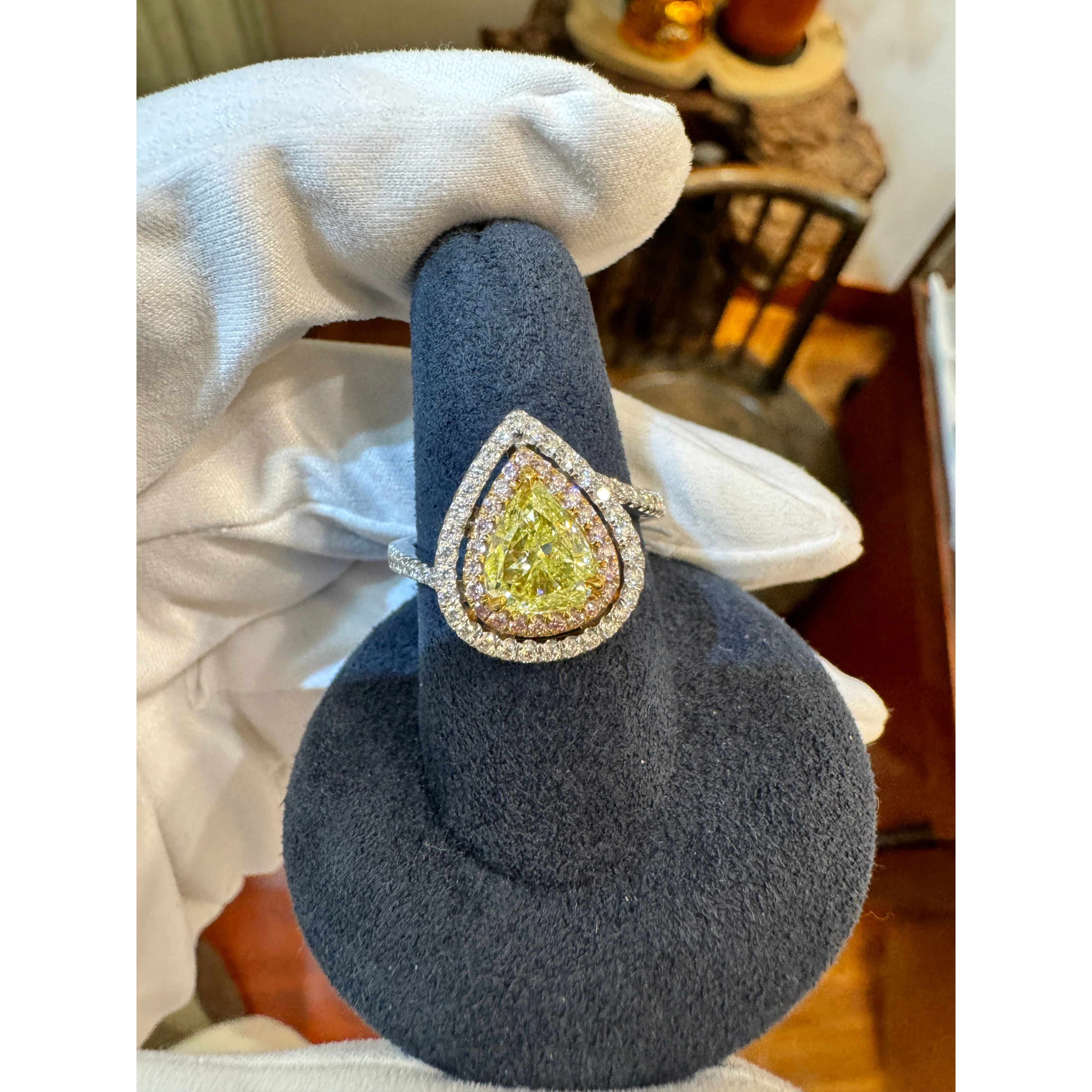 GIA 1.25CT Pear Cut Fancy Green Yellow Diamond 18K Tri-Colored Gold Bypass Ring - Image 9