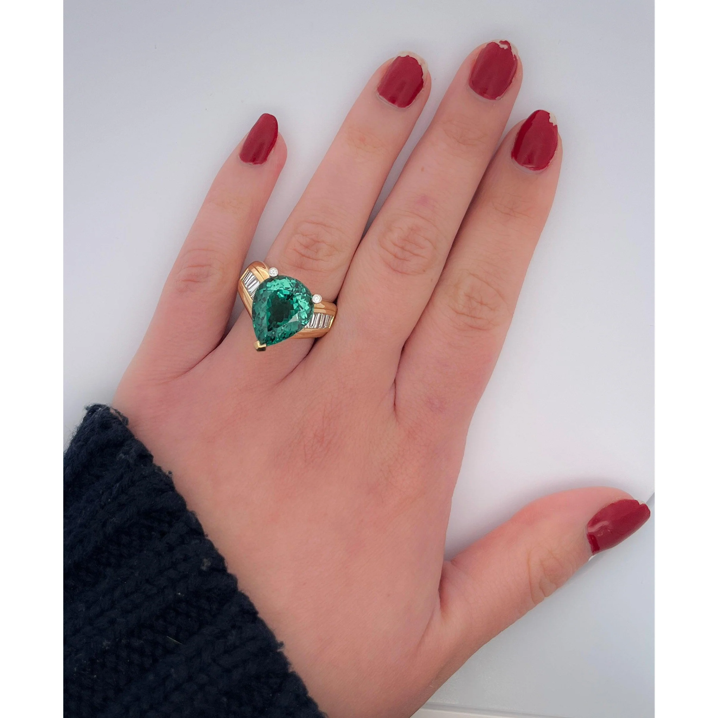 GIA Certified 11 Carat Bluish Green Pear-Cut Tourmaline & Baguette Diamond Ring - Image 6
