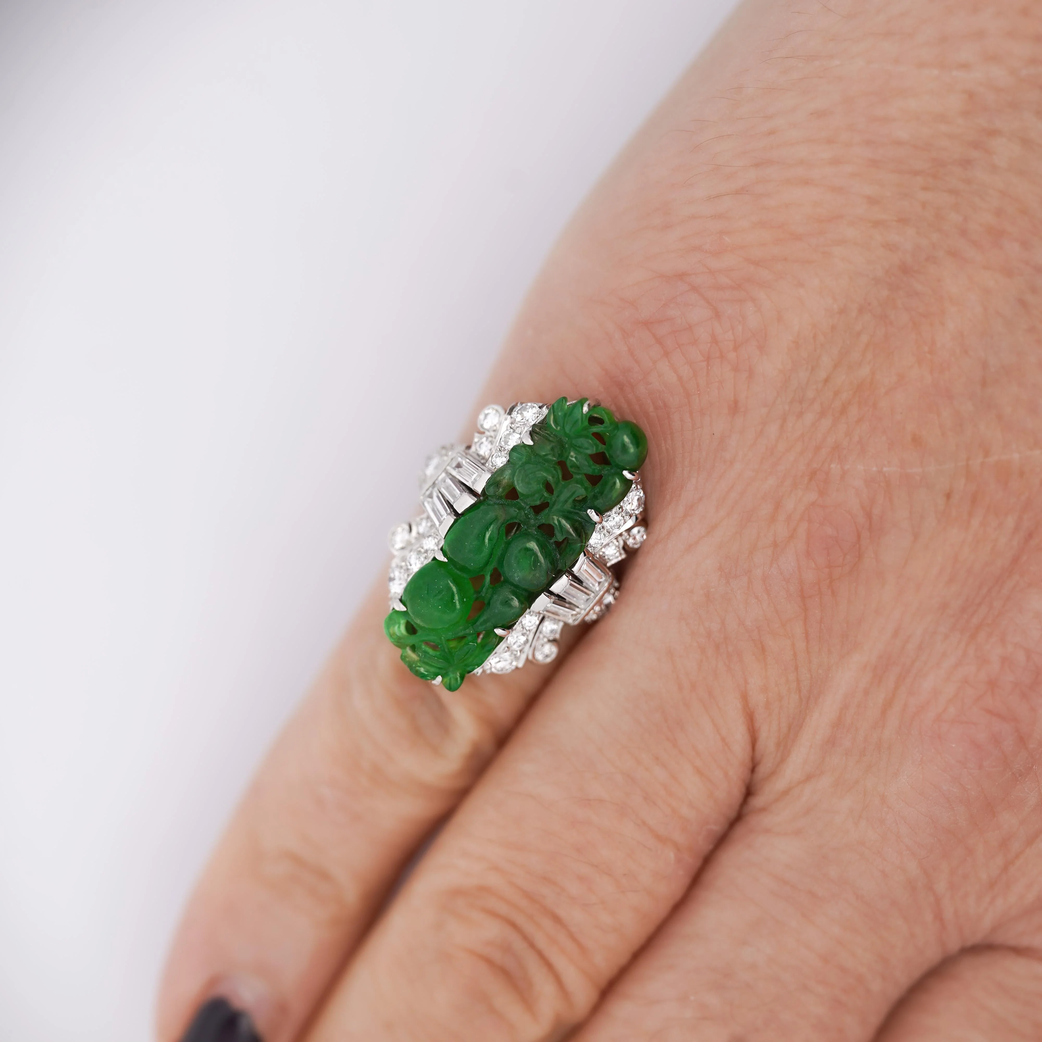 GIA Certified Vintage Carved Jadeite Jade & Diamond Statement Ring - Image 7