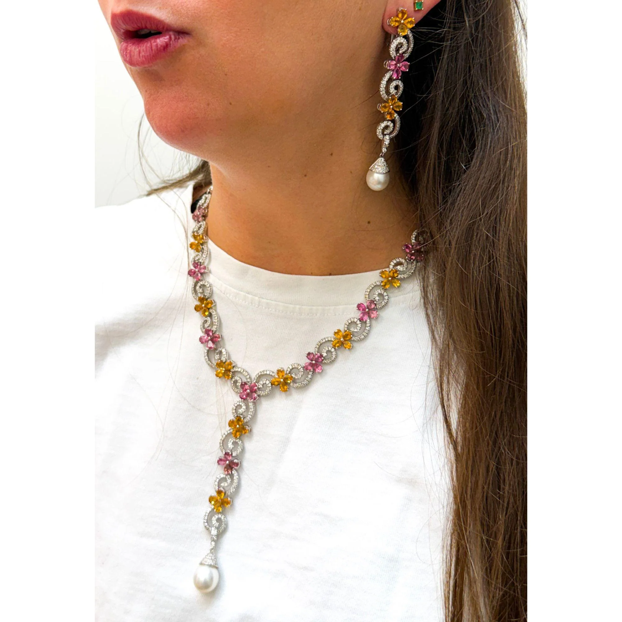 Greek 12 Carat Diamond South Sea Pearl Tourmaline Citrine Earring Necklace Set - Image 3