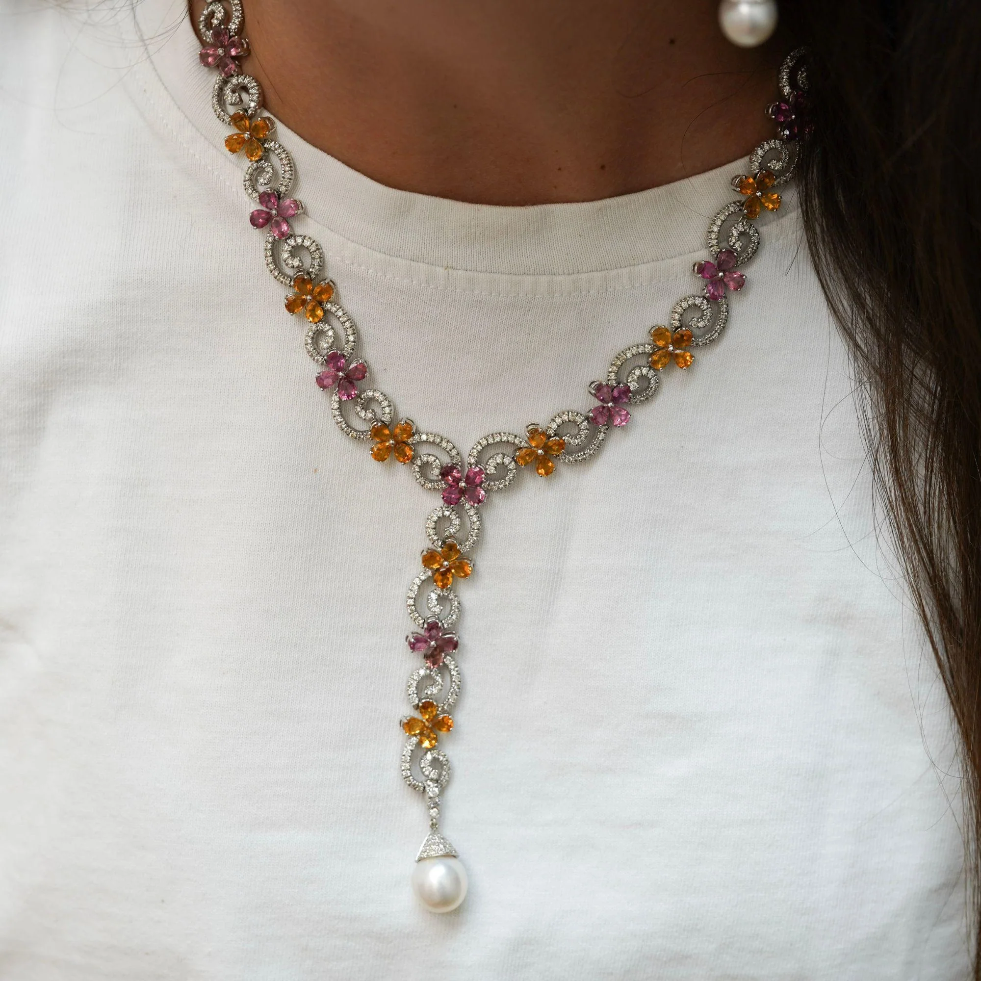 Greek 12 Carat Diamond South Sea Pearl Tourmaline Citrine Earring Necklace Set - Image 4