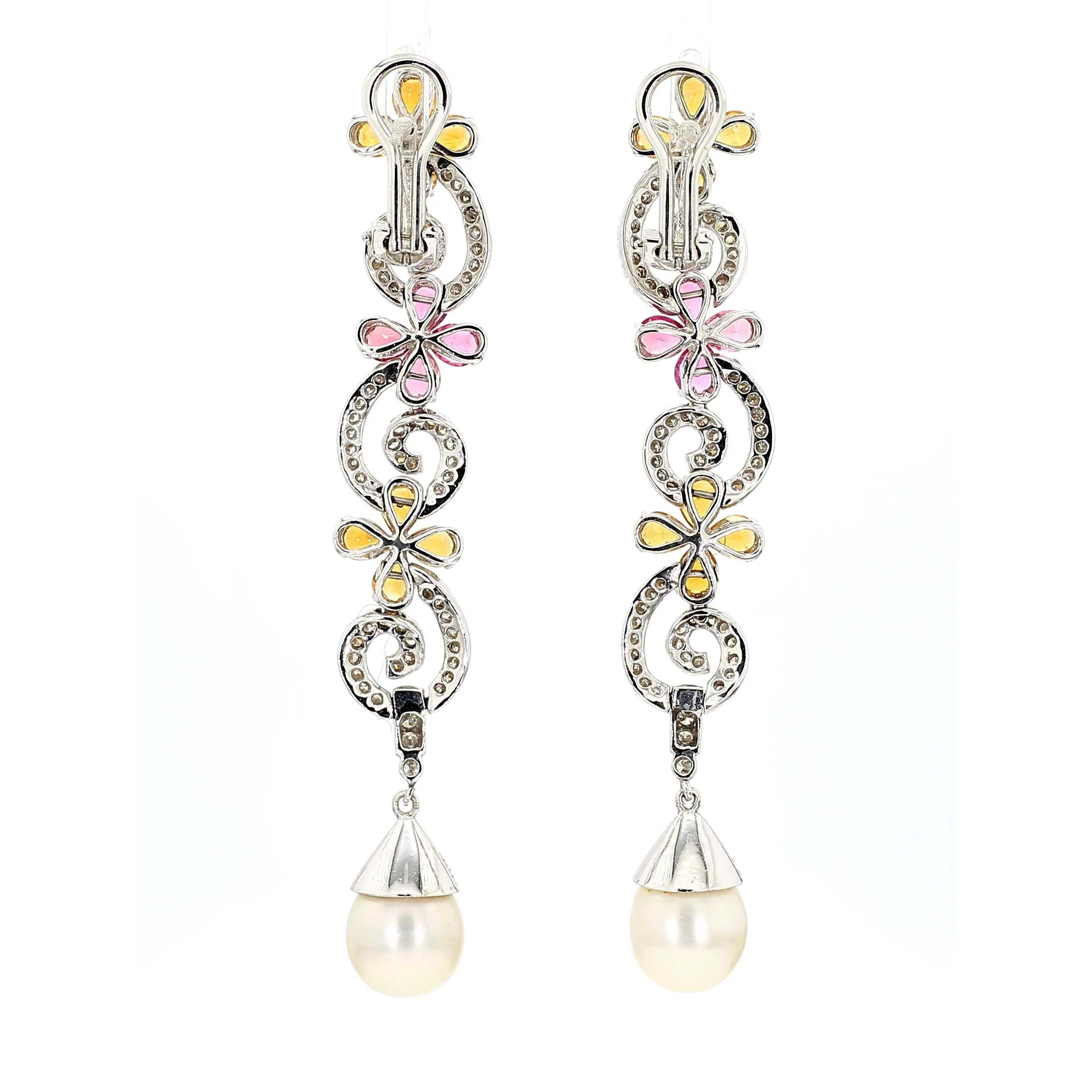 Greek 18K White Gold Diamond Pink Tourmaline Yellow Garnet Pearl Drop Earrings - Image 4