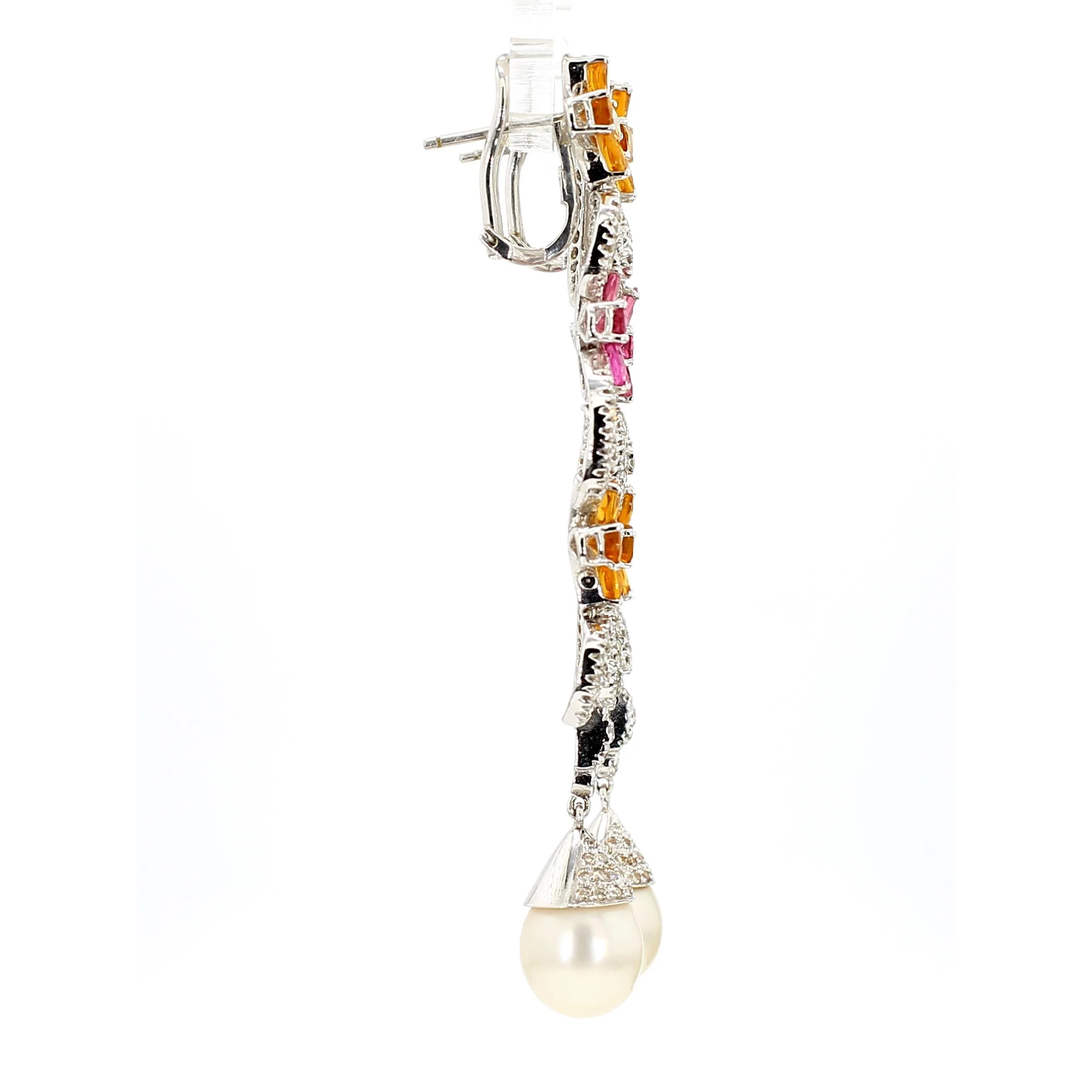 Greek 18K White Gold Diamond Pink Tourmaline Yellow Garnet Pearl Drop Earrings - Image 5
