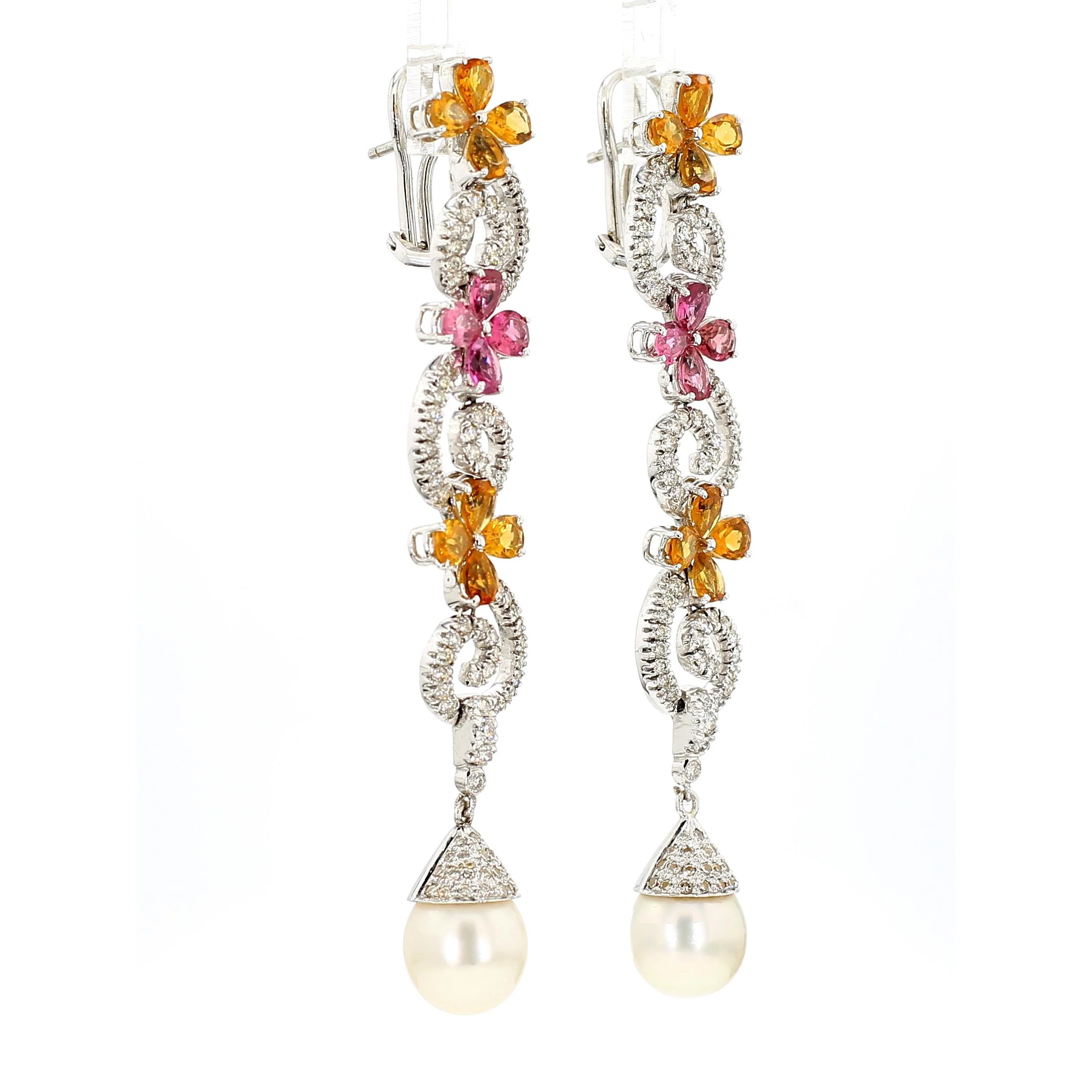 Greek 18K White Gold Diamond Pink Tourmaline Yellow Garnet Pearl Drop Earrings - Image 6