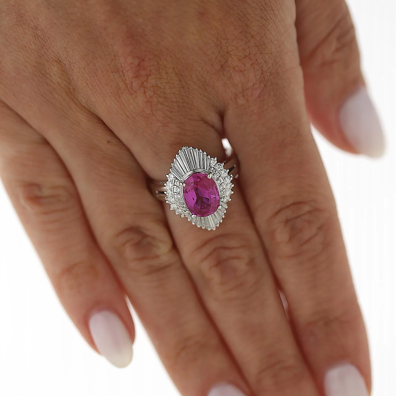 GRS 2.44 Carat Burma Vivid Pink Sapphire & Diamond Platinum Ballerina Ring - Image 2