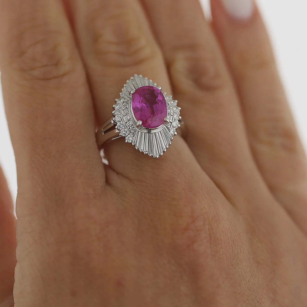GRS 2.44 Carat Burma Vivid Pink Sapphire & Diamond Platinum Ballerina Ring - Image 4
