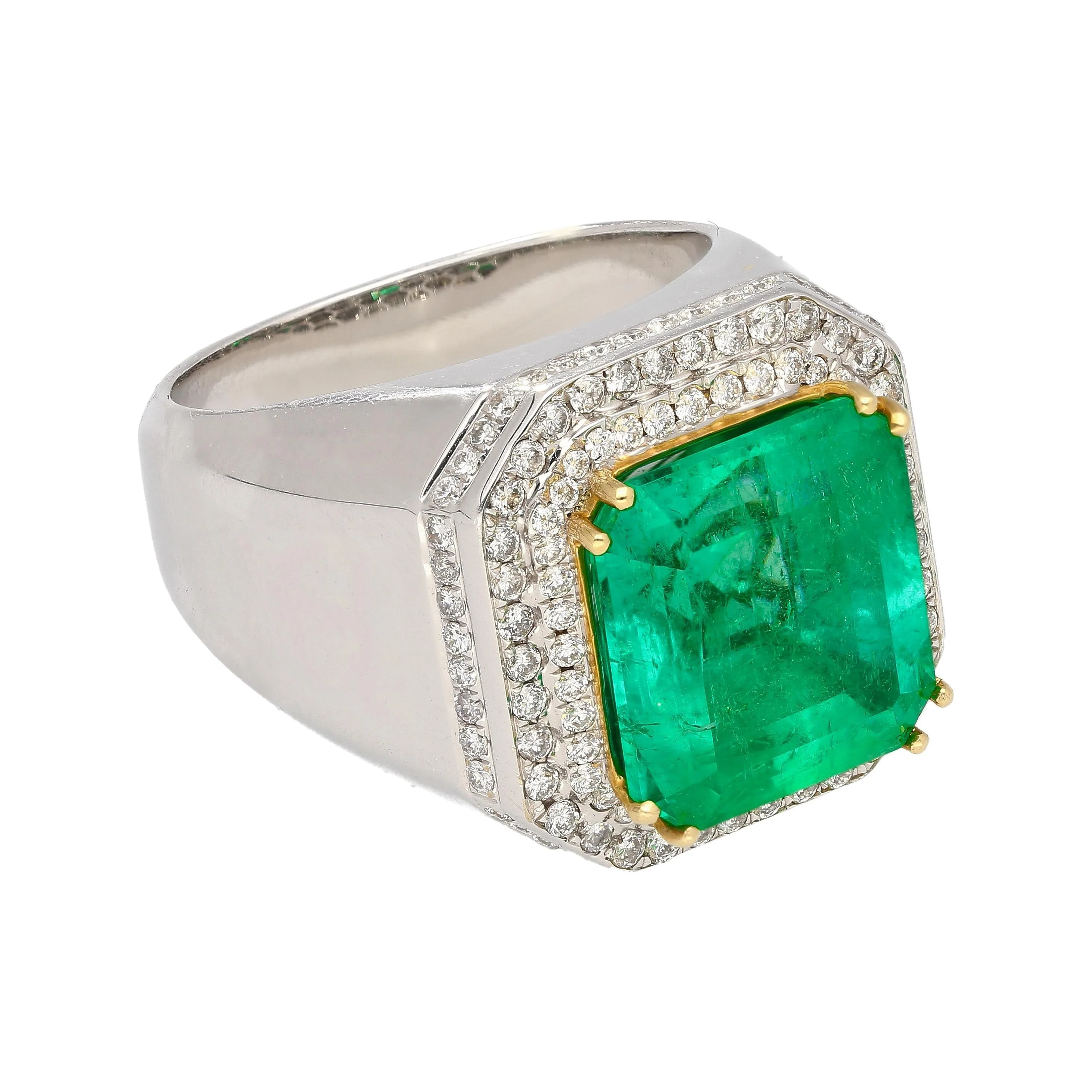 GRS 9.54 Carat Colombian Emerald Insignificant Oil and Diamond Halo Mens Ring - Image 3