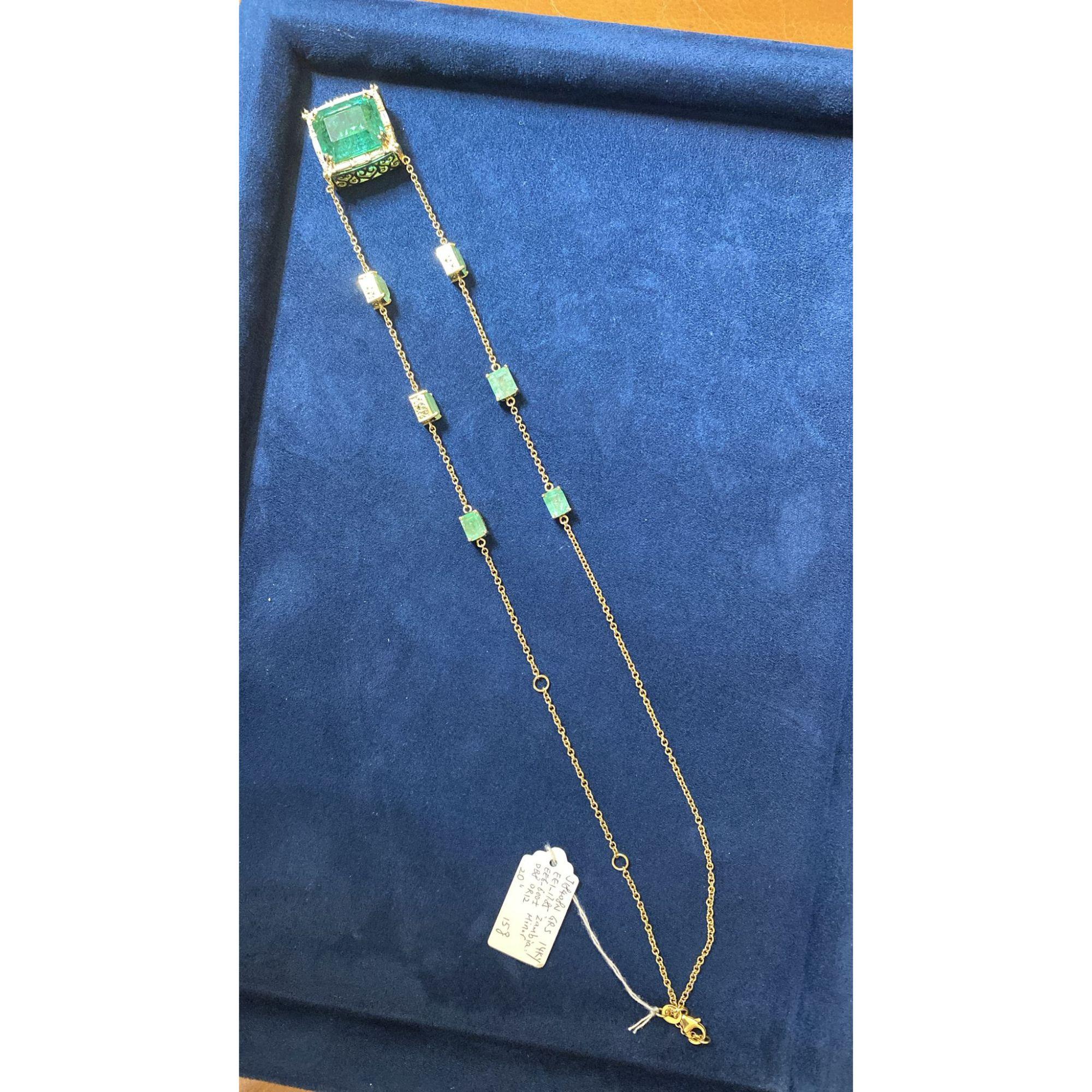 GRS Certified 17.85 Carat Emerald & Diamond Filigree 14K Yellow Gold Necklace - Image 8